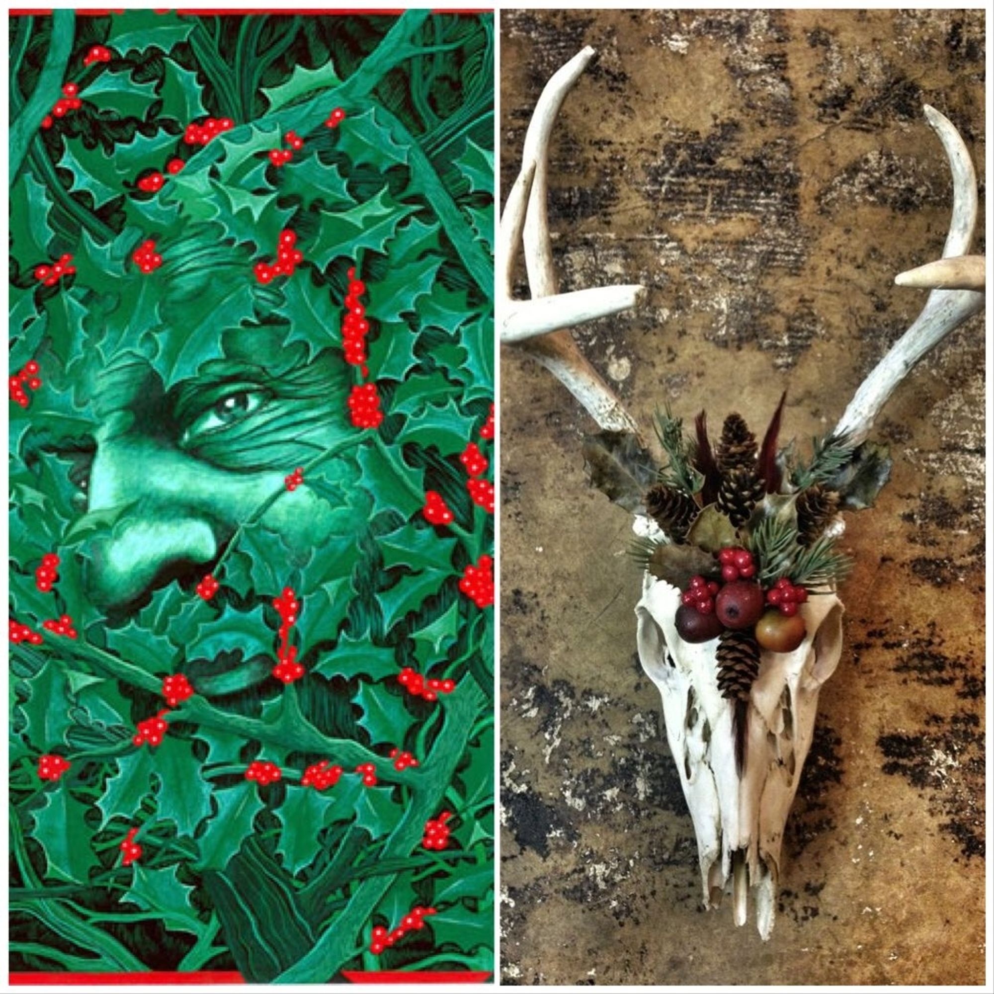 A split image with a Green Holly Man covered in red berries on the left and one of our home decorated deer skulls (found in the woods) on the right. It's wearing a collection of pinecones, pine branches and berries that centre in the middle of the antlers and follow the skull into a point between its eyesockets