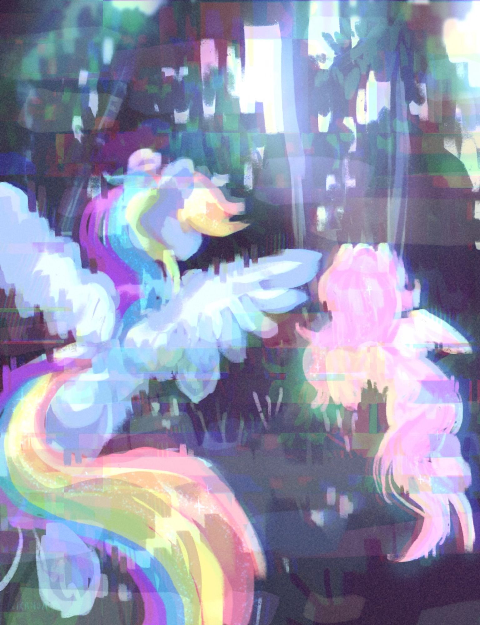 Rainbow Dash and Fluttershy in the woods, both facing away from the camera and looking onward.