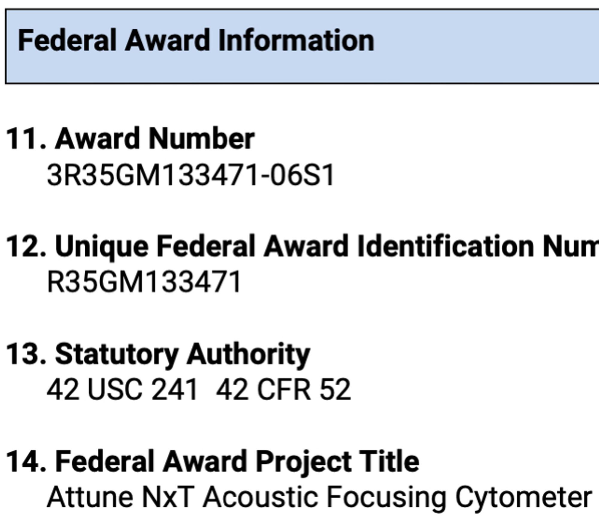 Snapshot of Notice of Award for flow cytometry instrumentation.