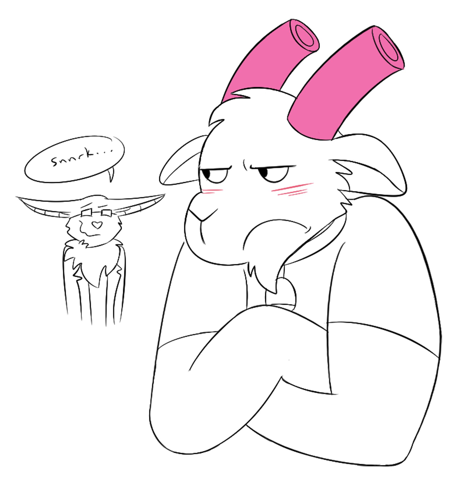 Boone blushing and crossing his arms with a pair of pool noodles on his horns while Echo holds in a snicker in the background.