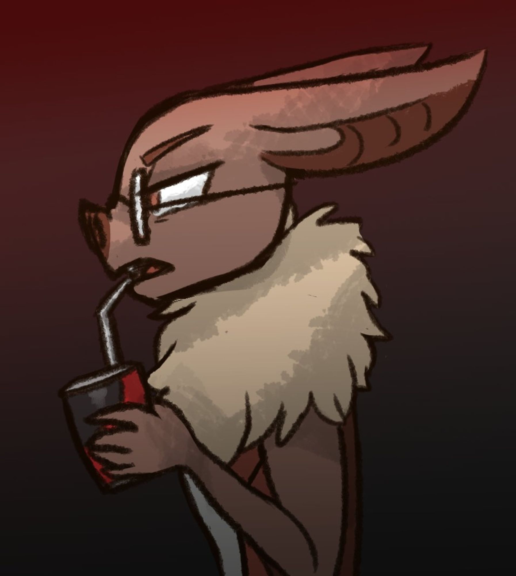 Sleepy, somewhat grouchy Echo sipping a caffeinated blood beverage (probably a soda).