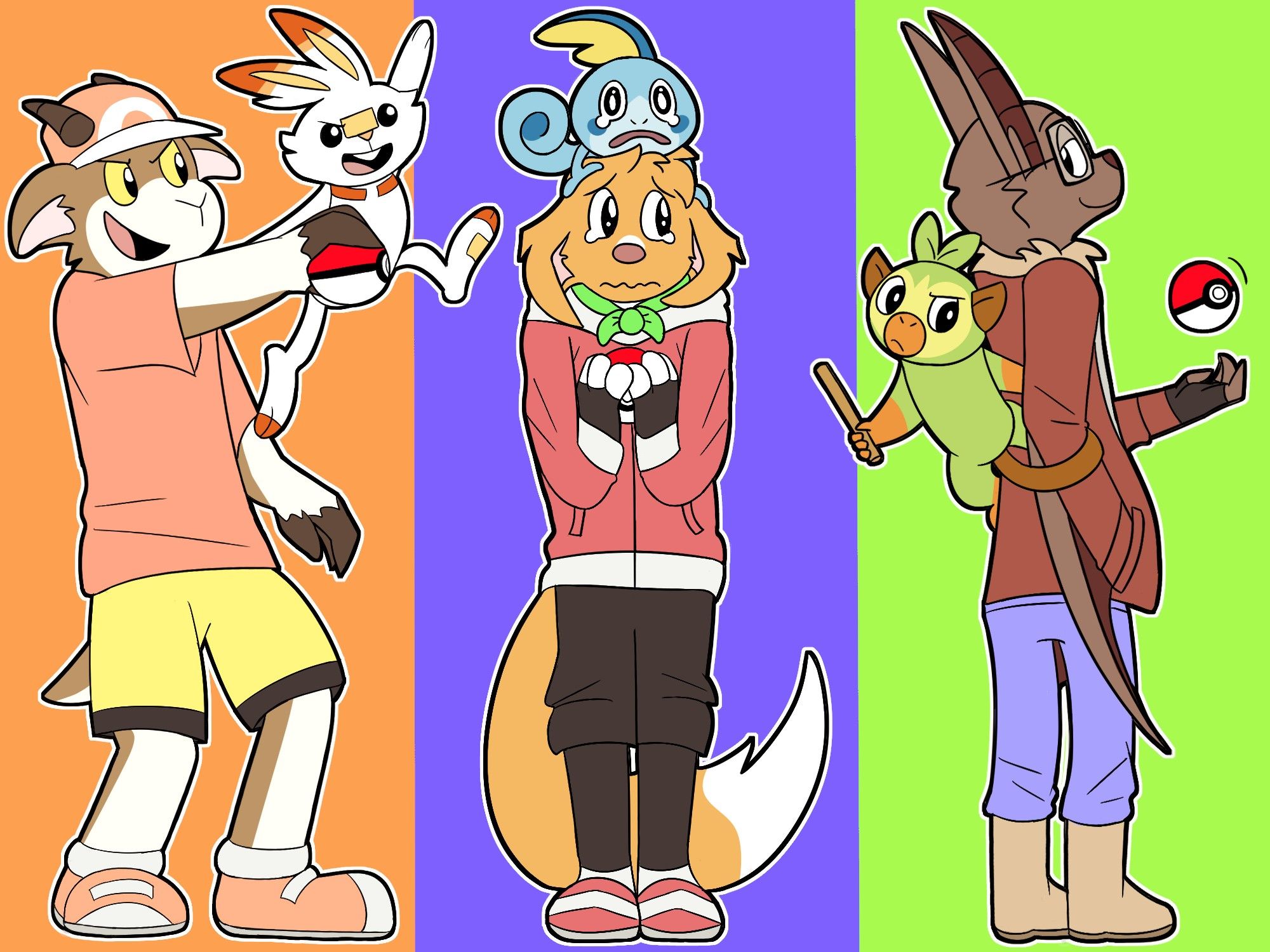 2019 crossover art of the SlumberTown trio with the Pokemon Sword and Shield starters (Romy with sobble, Boone with scorbunny, Echo with grookey).