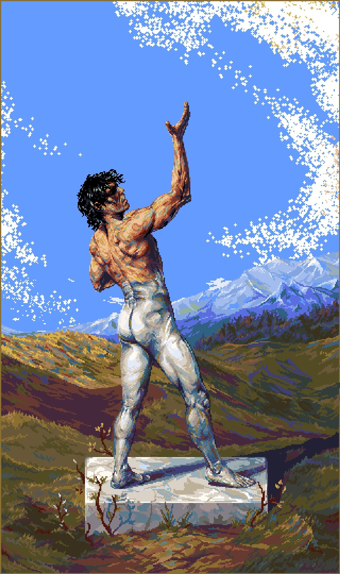 Pixel art scene of a marble statue of a muscular man turning into flesh. Upper buddy is flesh already, and he's looking at his arm raised, slowly discovering his body.