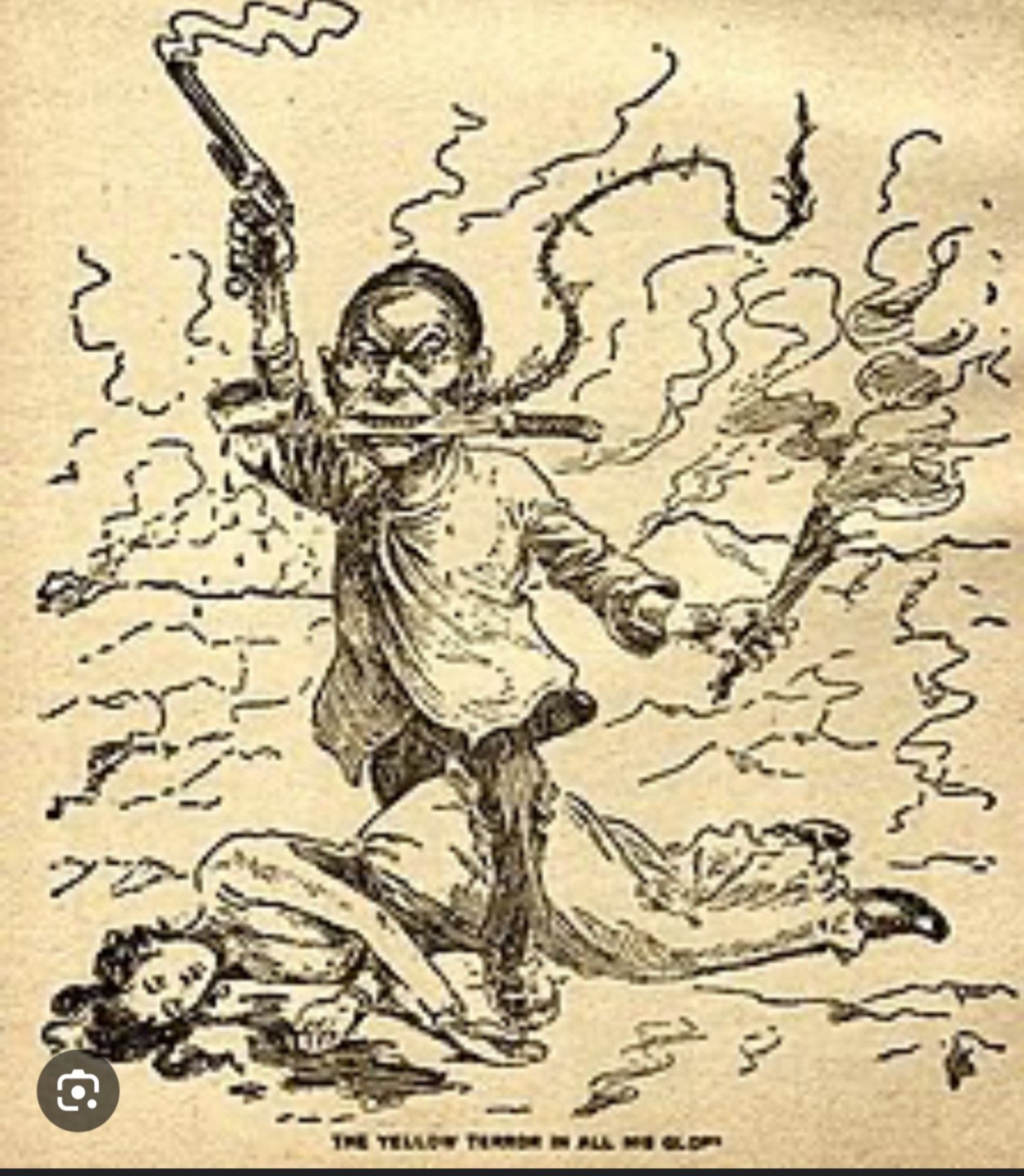 Late 19th century political cartoon with racist depiction of Chinese as violent.