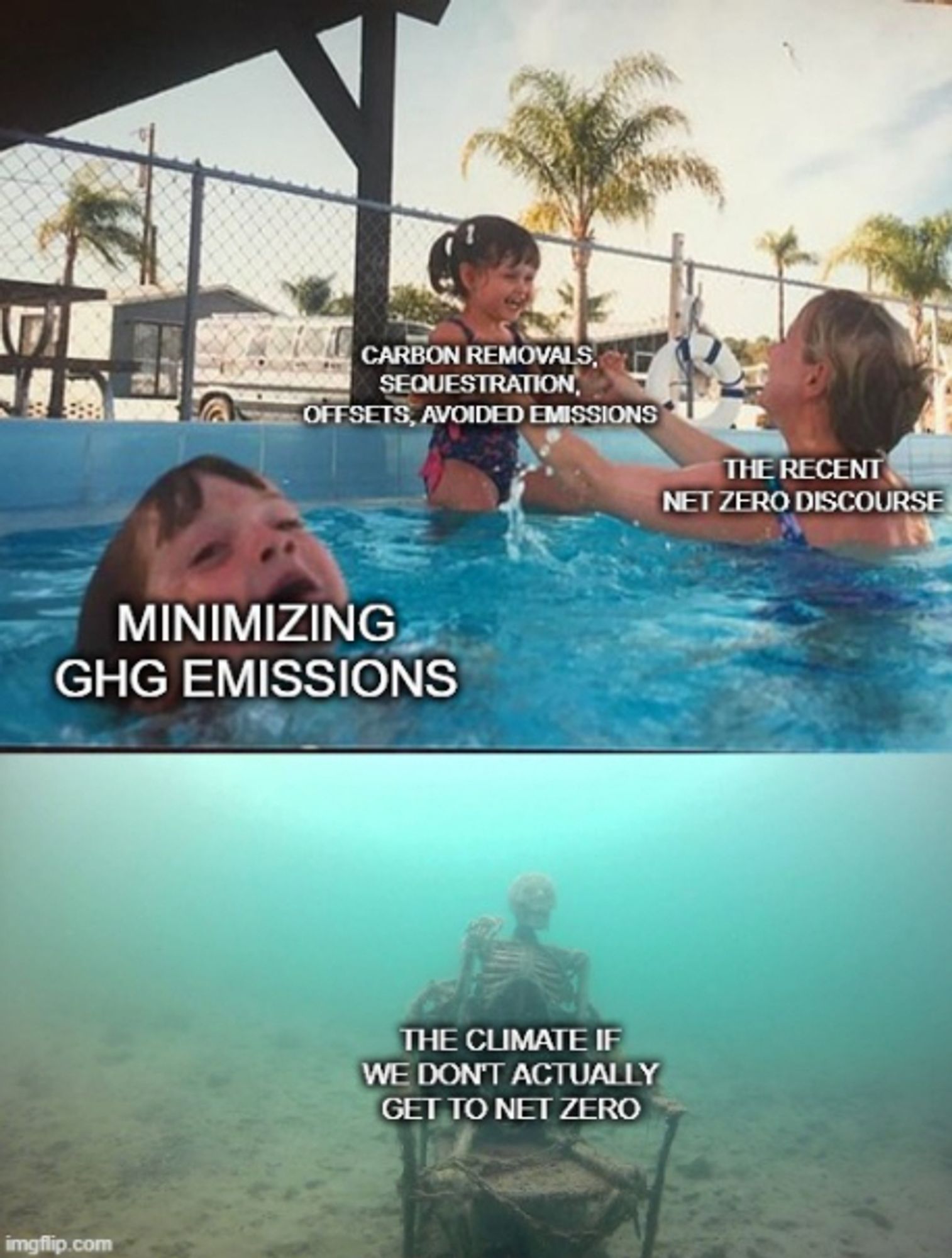 Pool meme

Mom: the recent net zero discourse

Happy kid: carbon removals, sequestration, offsets, avoided emissions

Drowning kid: minimizing GHG emissions

Skeleton on bottom: the climate if we don't actually get to net zero