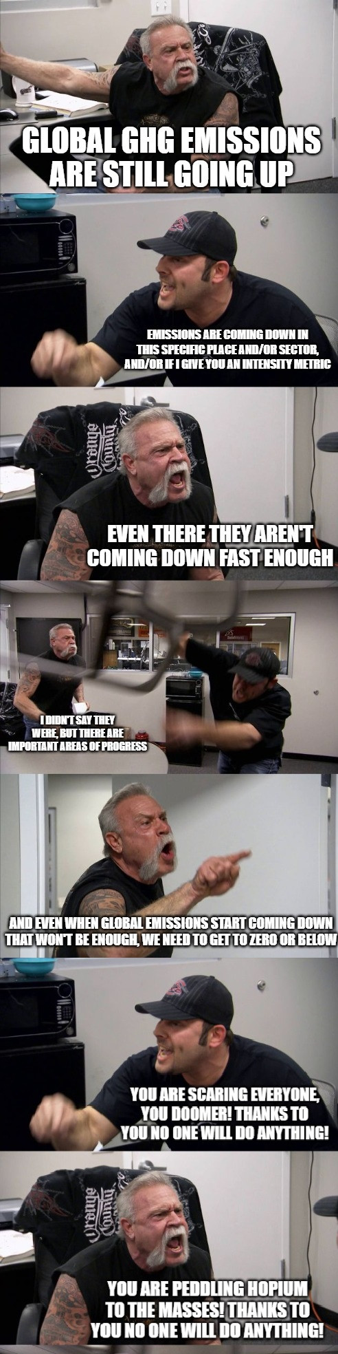 EXTENDED American Chopper meme
1. Global GHG emissions are still going up
2. Emissions are coming down in this specific place and/or sector, or if I give you an intensity metric
1. Even there they aren't coming down fast enough
2. I didn't say they were, but there are important areas of progress
1. And even when global emissions start coming down that won't be enough, we need to get to zero or below
2. You are scaring everyone, you doomer! Thanks to you no one will do anything!
1. You are peddling hopium to the masses! Thanks to you no one will do anything!