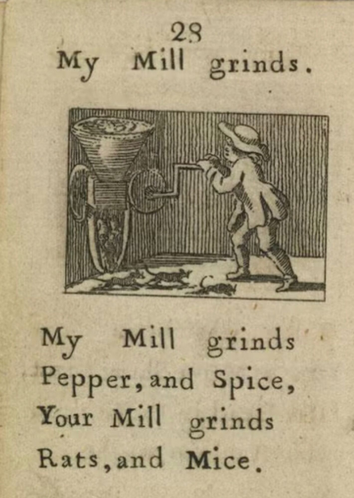 My mill grinds
Pepper and spice
Your mill grinds
Rats and mice