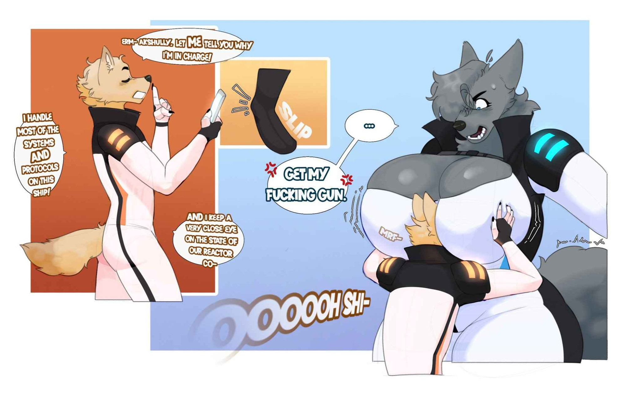 Sev, a sandy coloured wolf-like guy and Skye, a grey coloured wolf-like lady. They are wearing black and white sci-fi outfits. Sev is 6 feet tall and Skye is 7 foot 6. Sev made the blunder of trying to establish his authority then tripped straight into Skye's chest.