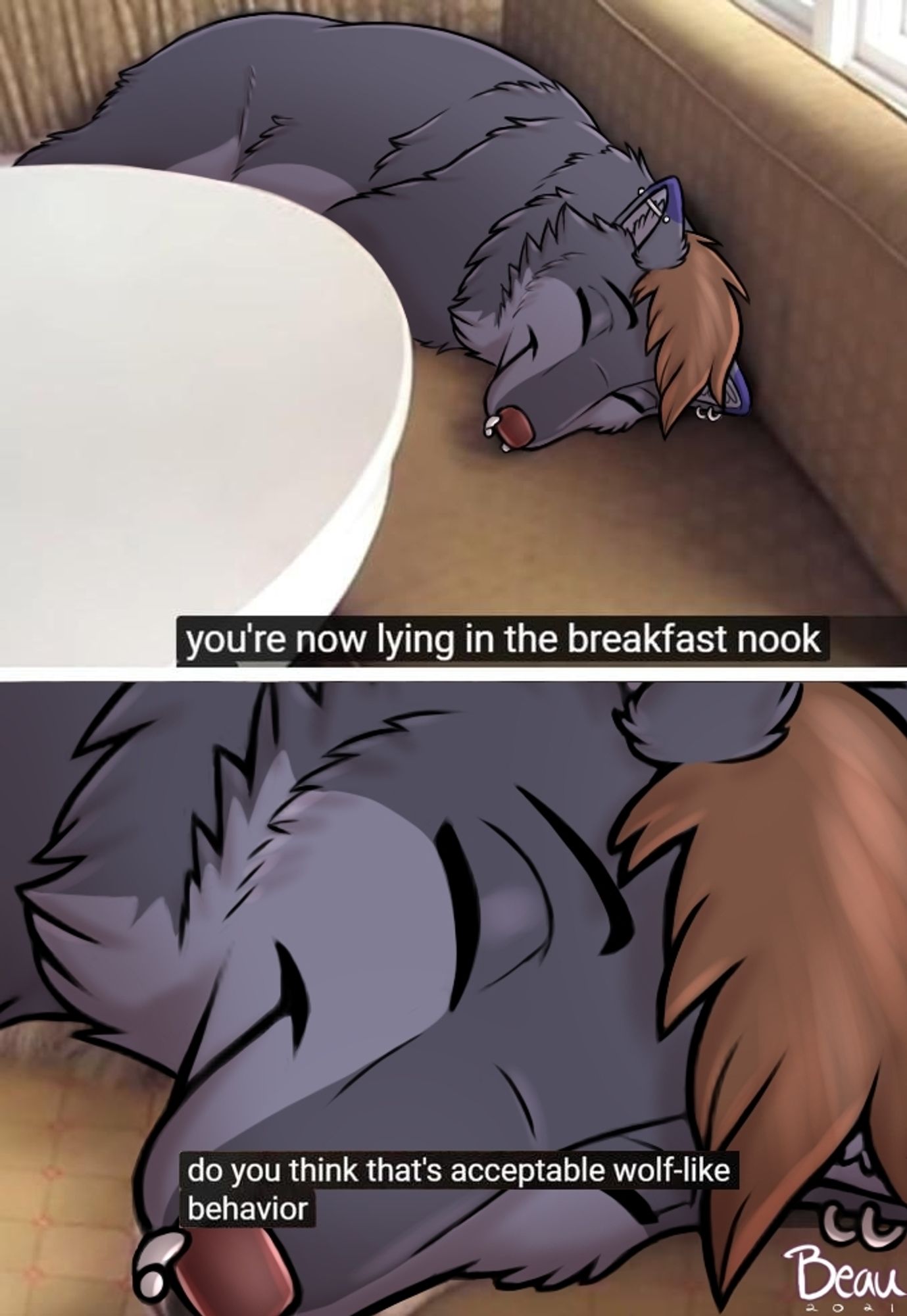 Two panel comic of Marf sleeping in the breakfast nook. The text says "you're now lying in the breakfast nook; do you think that's acceptable wolf-like behavior?"