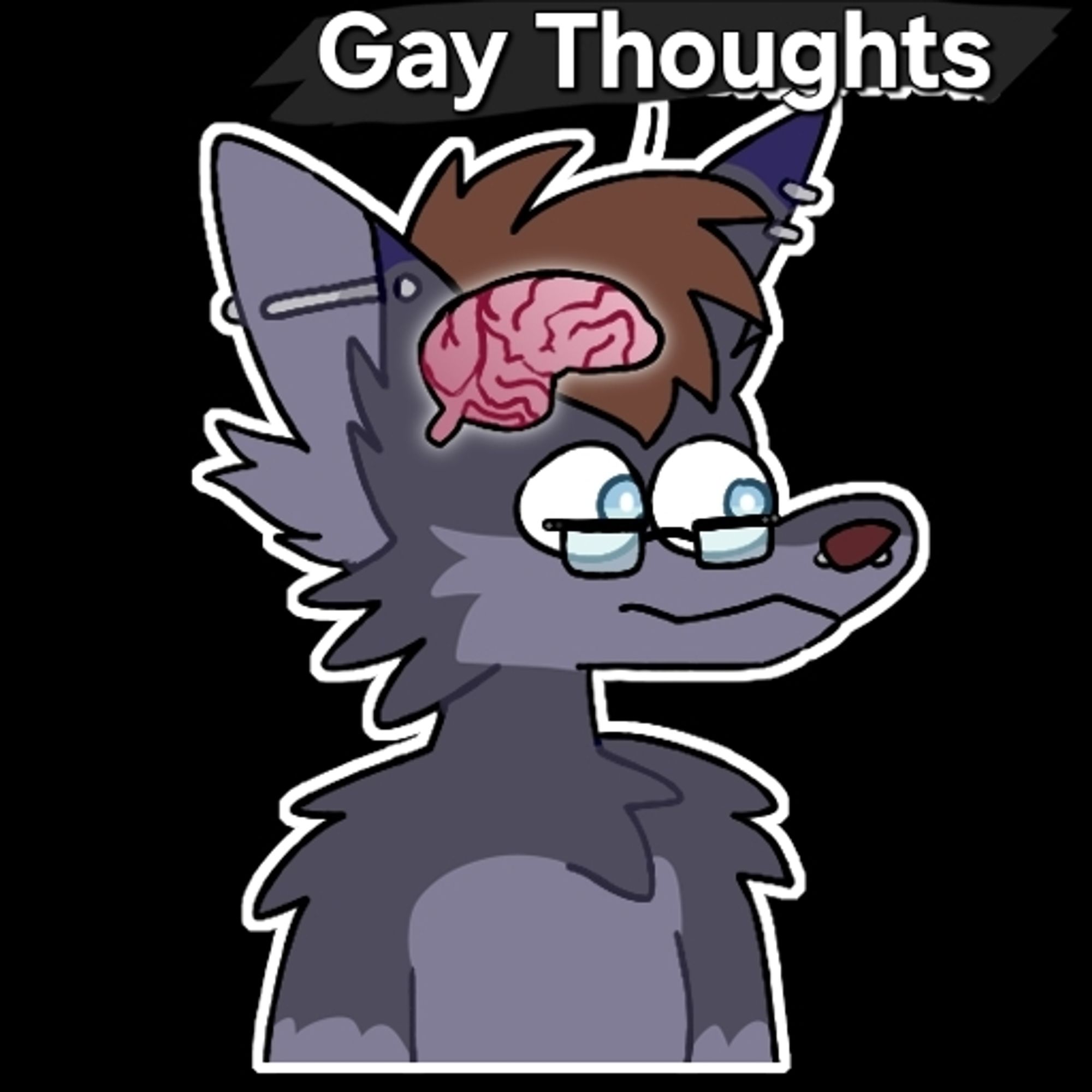 A sticker of Marf with brain visible, text pointing to the brain that says "Gay Thoughts"