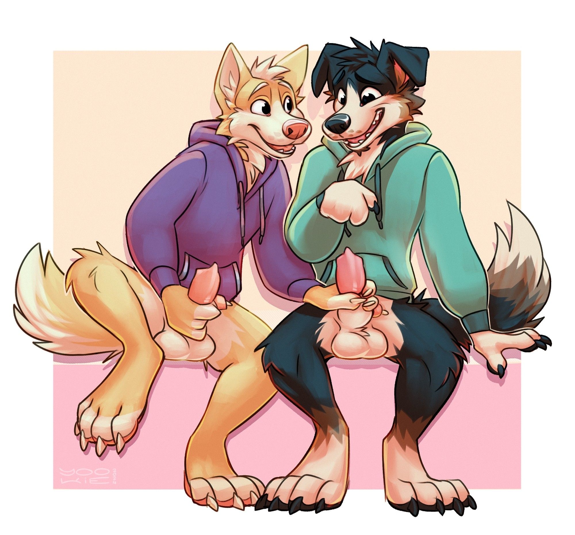 A light brown colored doggo wearing a purple hoodie and nothing else giving me (a border collie wearing a green hoodie) a handjob while working his own dick. He seems pretty happy and forward about it, while I'm looking a bit flustered and shy with the interaction.