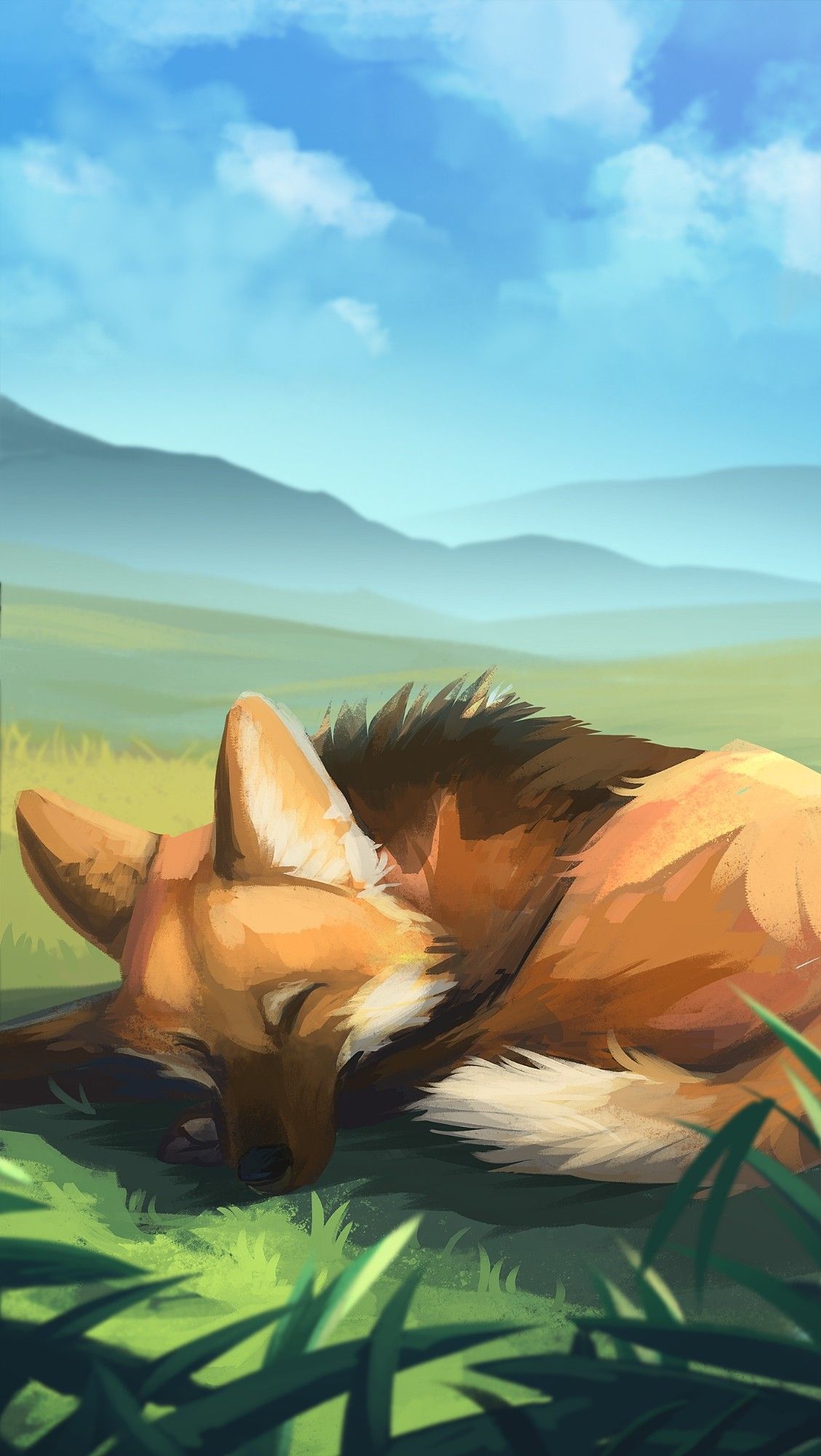 A painting of a cute maned wolf sleeping in the grass. Older art of mine.