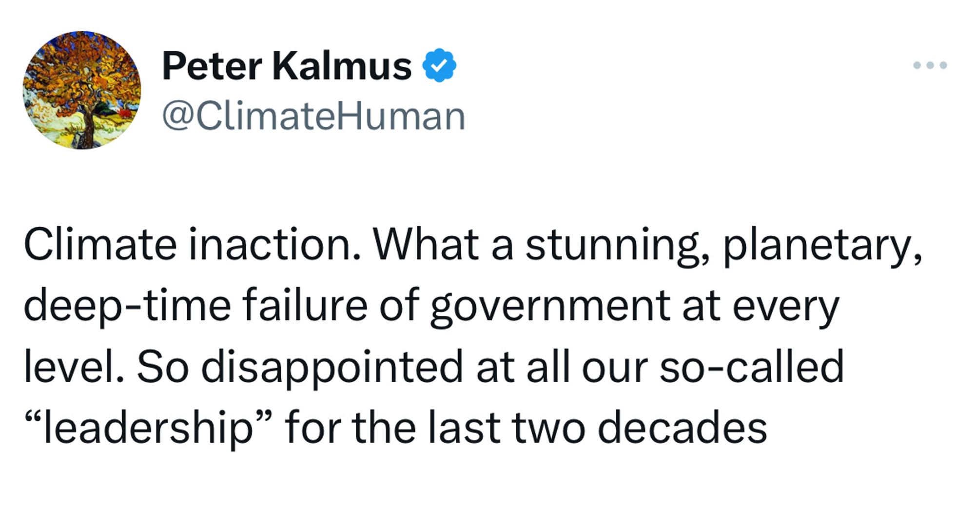 @climatehuman

Climate inaction. What a stunning, planetary, deep-time failure of government at every level. So disappointed at all our so-called “leadership” for the last two decades