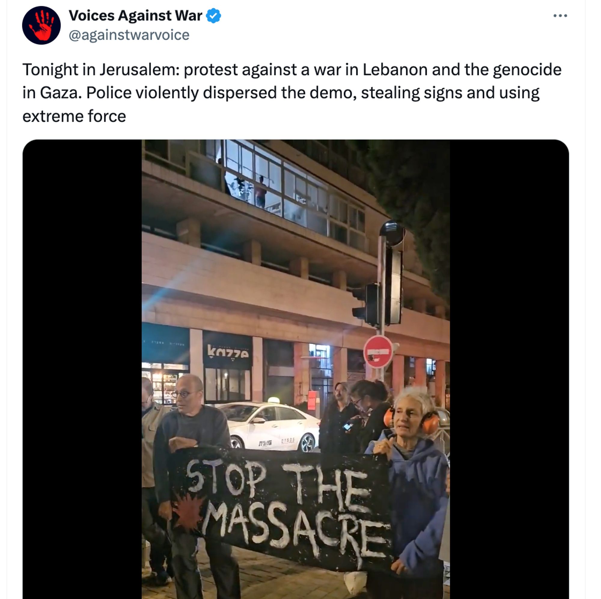 Voices Against War:

Tonight in Jerusalem: protest against a war in Lebanon and the genocide in Gaza. Police violently dispersed the demo, stealing signs and using extreme force