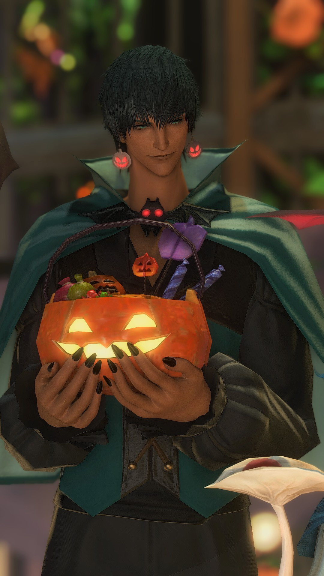 A screenshot of Hermes, a character from FFXIV. It is a close-up of him from the previous screenshot. He is wearing a vampire costume and holding a jack-o'-lantern shaped bucket filled with sweets.