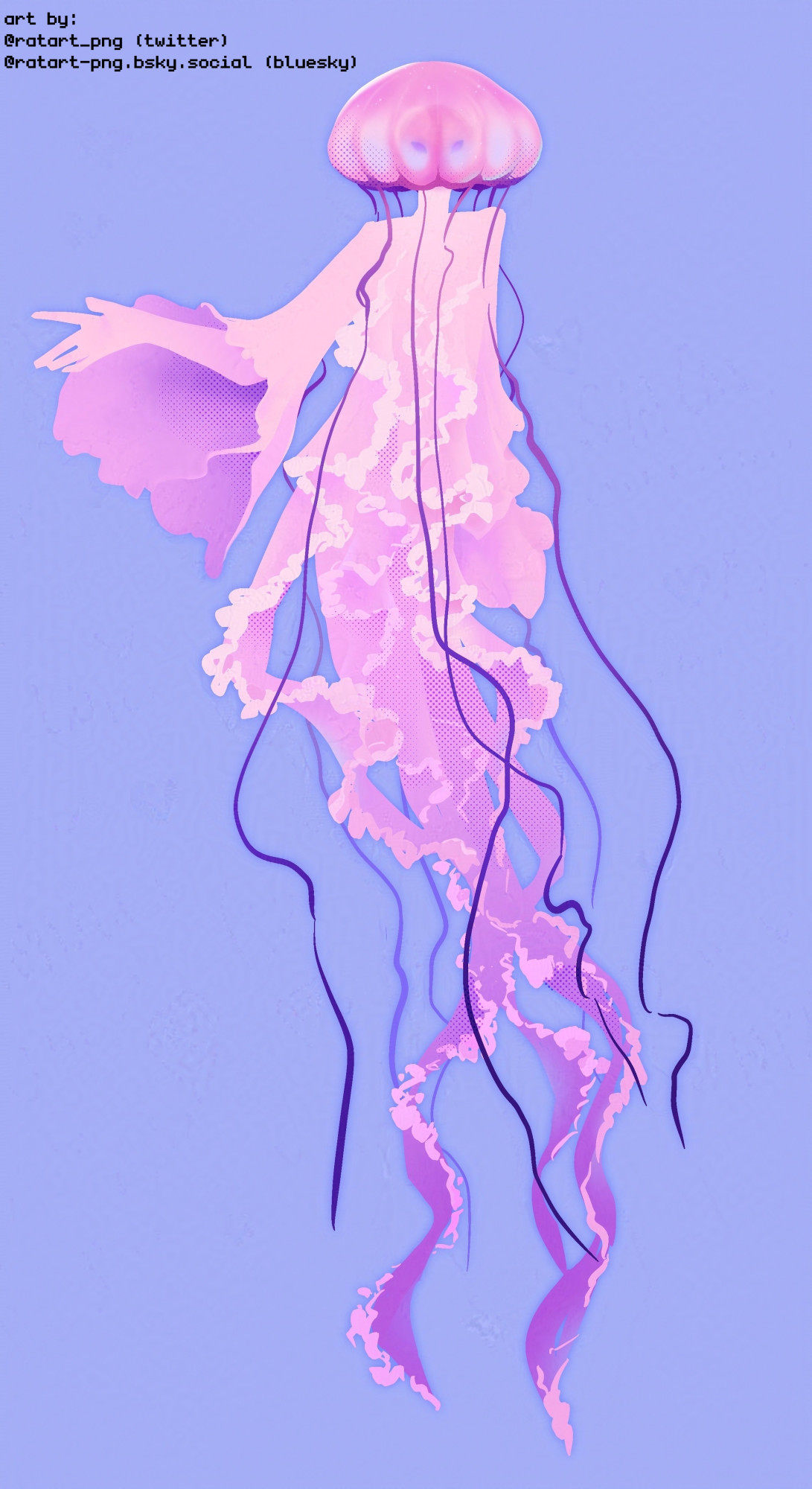 Illustration of a mermaid jellyfish monster, the true form of the vTuber Princess Jelly. The bell of the jellyfish obscures the face of the character, but the glow of her eyes can be seen through the bell. Long tentacles from the edges of the bell flow down the length of the character's body. One arm is obscured by frill, while the other arm is bent at the elbow to show that the frill is almost like a sleeve that obscures the hand when it hangs to the side of the body like the other arm. There are no legs, and the frilled tentacles of a jellyfish start from the torso.
There is text at the top right of the image that reads: "art by: @ratart_png (twitter) @ratart-png.bsky.social (bluesky)"