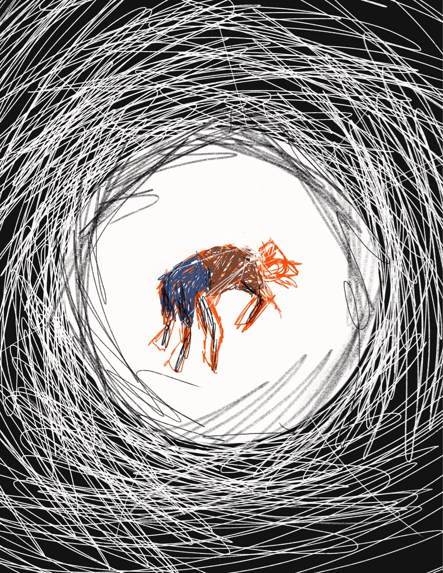 There is a fox floating in the center. They are wearing a brown shirt and blue jeans. White and black surrounds them, spiraling around him.