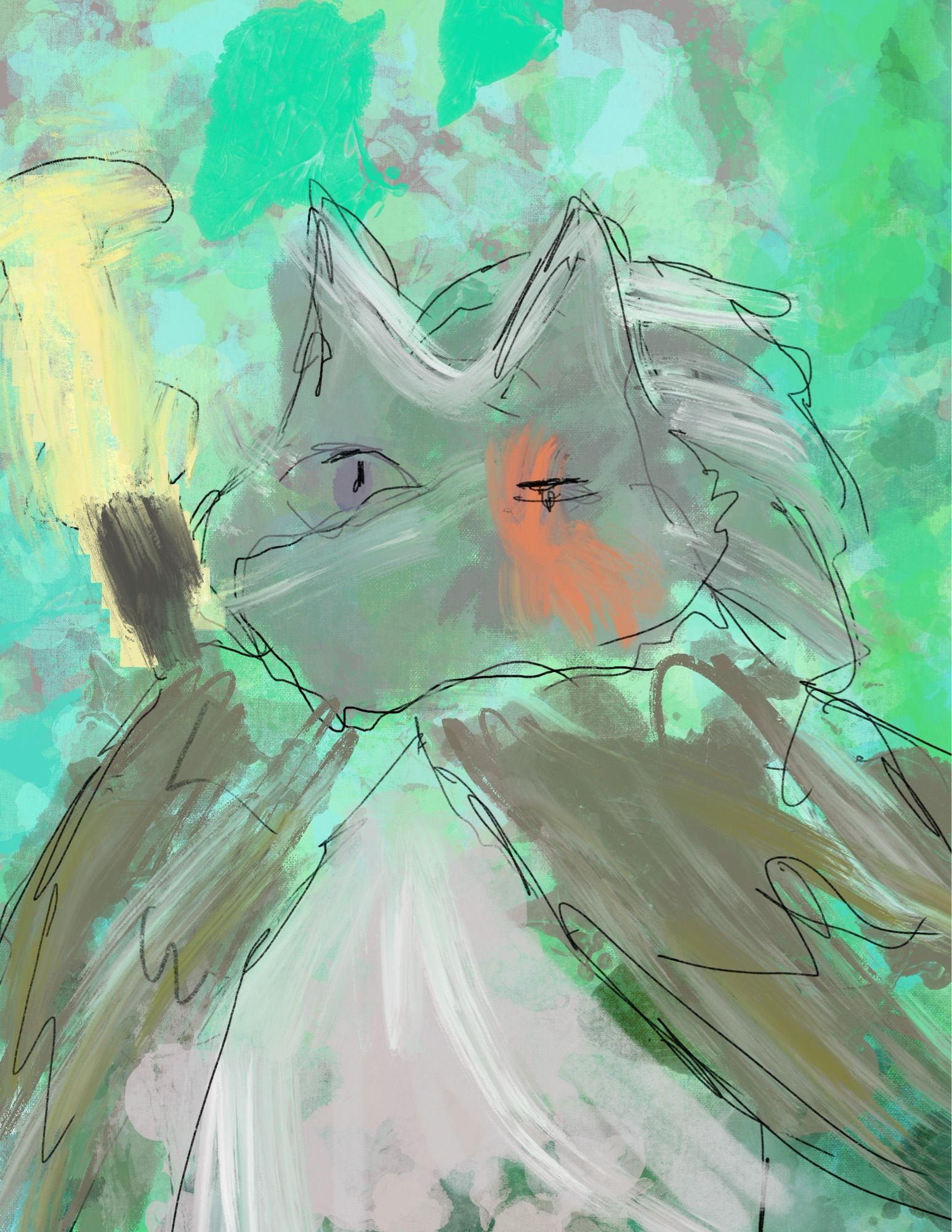 A rather messy and disorganized drawing. It has various shades of green in abstract shapes that dominate the background. The foreground has rather messy pencil marks that shape out a vague impression of Blaidd. He has a fur cloak and silver armor. His fur is gray, and his eye color is purple. He has a scar covering half his face. There is a sword sheathed on his back.