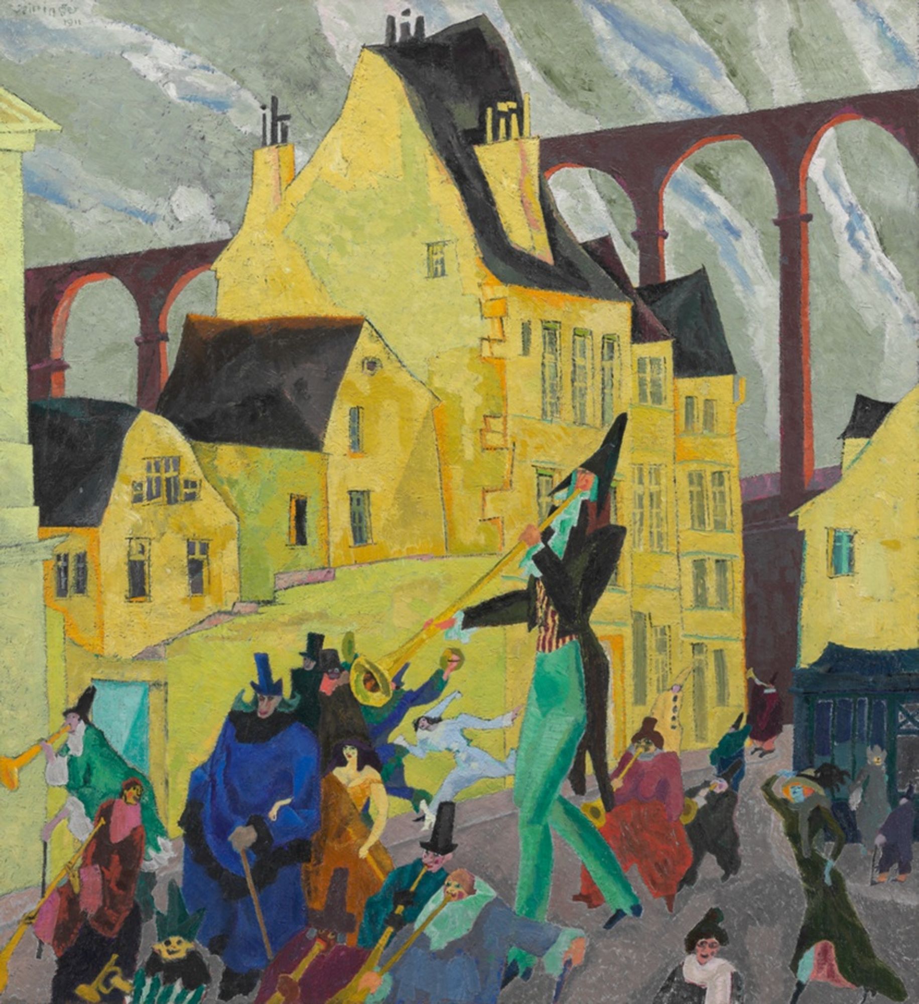 This painting is set in the town of Arcueil, south of Paris, where Feininger spent several months a year from 1906 to 1912. Feininger's intense interest in architecture is apparent not only in the use of the town's majestic viaduct but also in the brilliantly colored houses. Against this dramatic backdrop, Feininger depicted a motley crew of characters, some of whom recall Feininger's earlier cartoons.