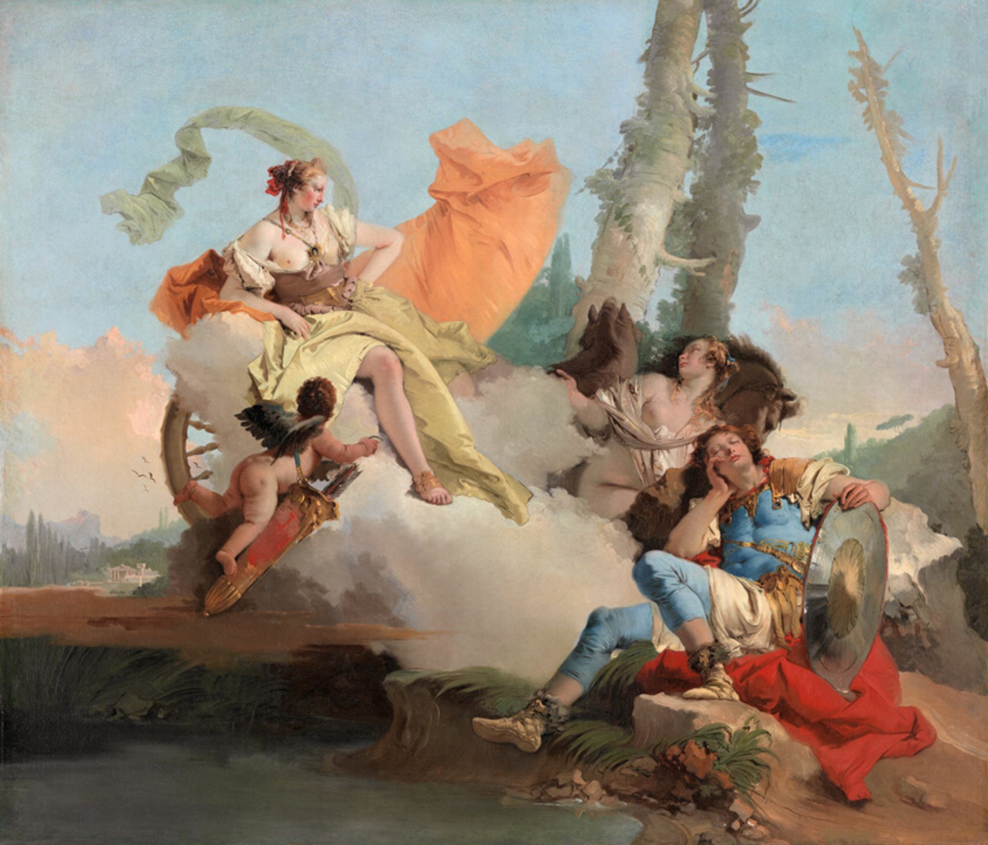 Giovanni Battista Tiepolo’s work epitomizes the brilliant exuberance of the Late Baroque style. Internationally renowned, Tiepolo was often commissioned to transform palaces and monasteries in Venice and elsewhere in Italy, as well as in Germany and Spain. This painting and three others at the Art Institute once graced the cabinet of mirrors, a richly decorated room in the Venetian palace of the powerful Cornaro family.