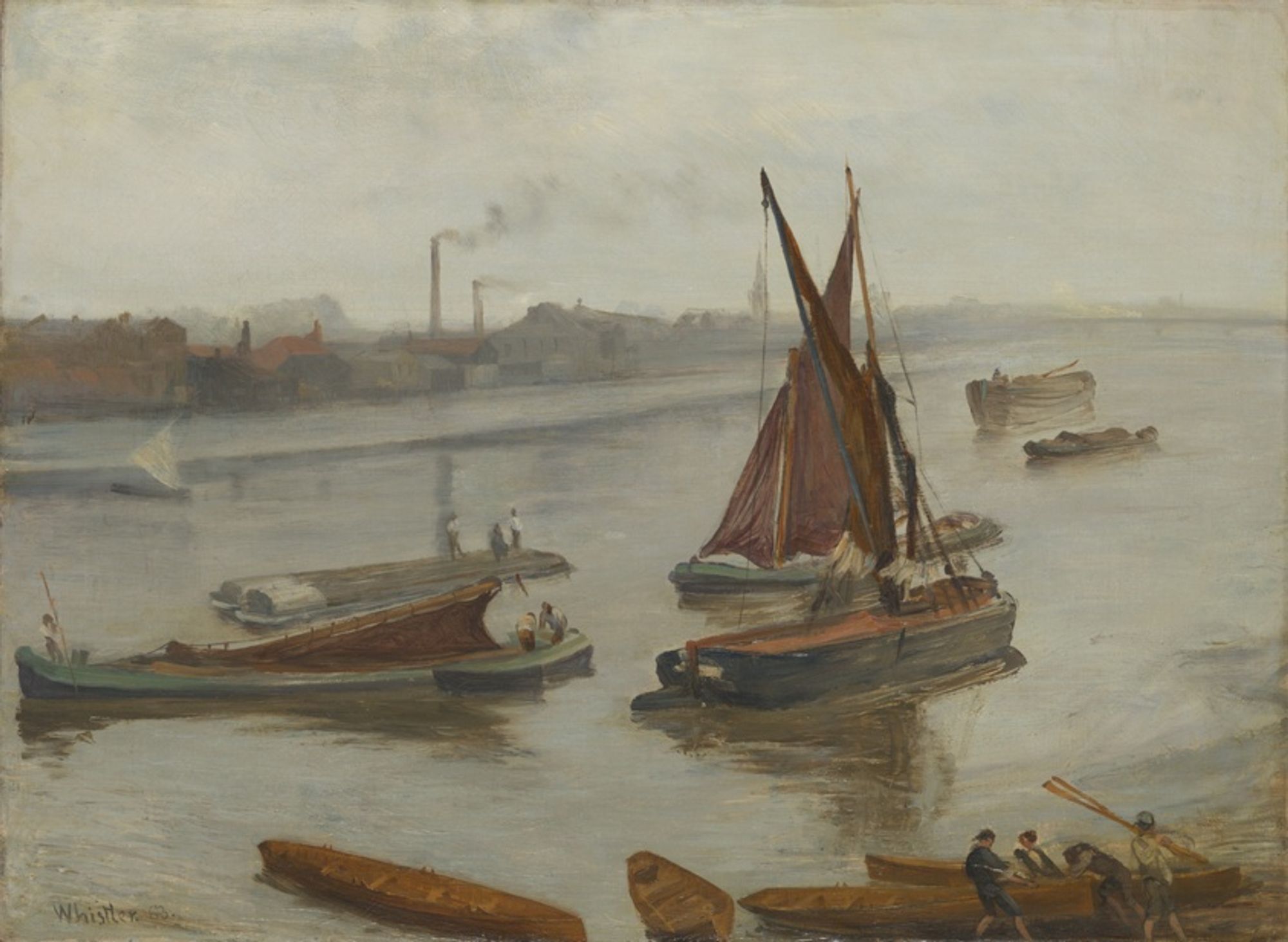 James McNeill Whistler painted marine subjects throughout his career. In this painting, he focused on the industrial nature of London's Thames River—boats and barges, laboring men, and smoking chimneys. Despite the realism of the subject, Whistler unified the composition with deft brushwork and a subtle palette of brown and gray that anticipates his later interest in delicate tonal harmonies.