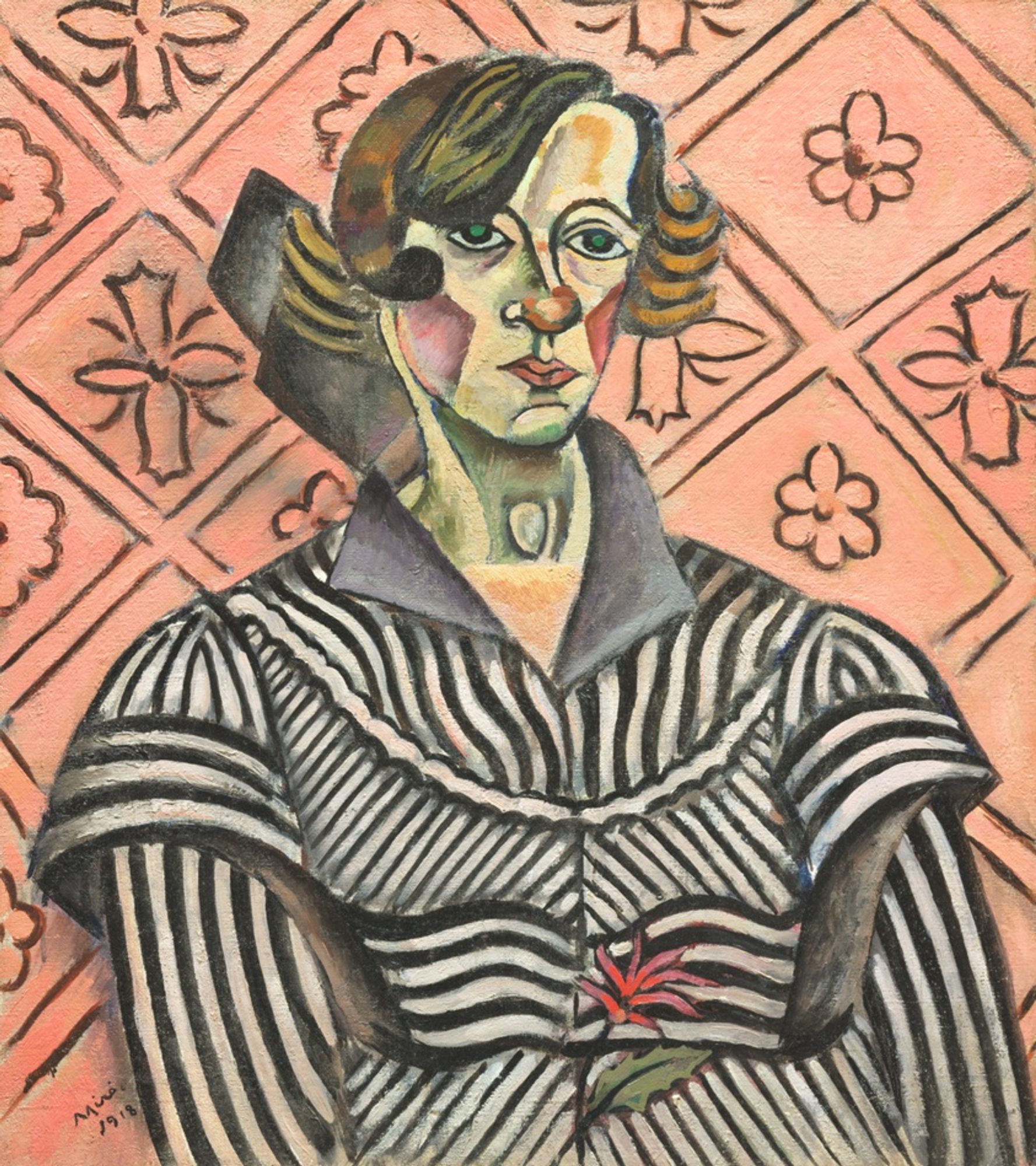 This painting belongs to a group of works by Miró that document his early efforts to grapple with developments in modern art (such as Fauvism and Cubism) and to forge his own direction. The vital and poetic intensity of his later works can be glimpsed here—for example, in the rhythms of the dress, barely held in check by the diamond grid in the background, or in the lyrical note introduced by the small flower on the front of the dress.