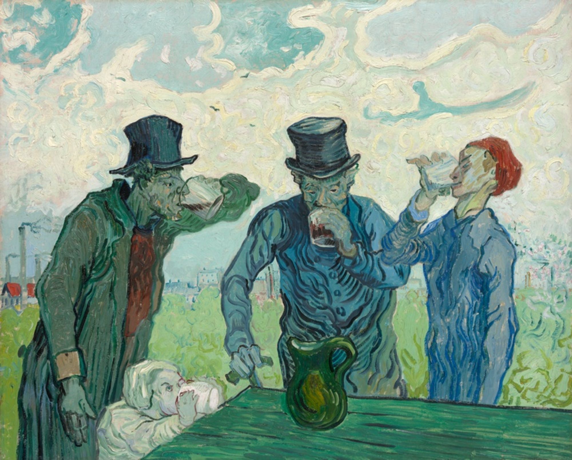 While institutionalized in Saint-Rémy, Van Gogh often copied works by artists he admired, which freed him from having to produce original compositions and allowed him to concentrate on interpretation. In his vibrant take on Honoré Daumier’s woodcarving "Physiology of Drinking," there is real pathos and a desperation in the earnest concentration with which the men drink, as if to quench a spiritual thirst.