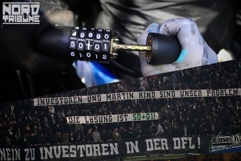 A banner by Hannover fans:  “Investors and Martin Kind are out problem. The solution is 50+01!”