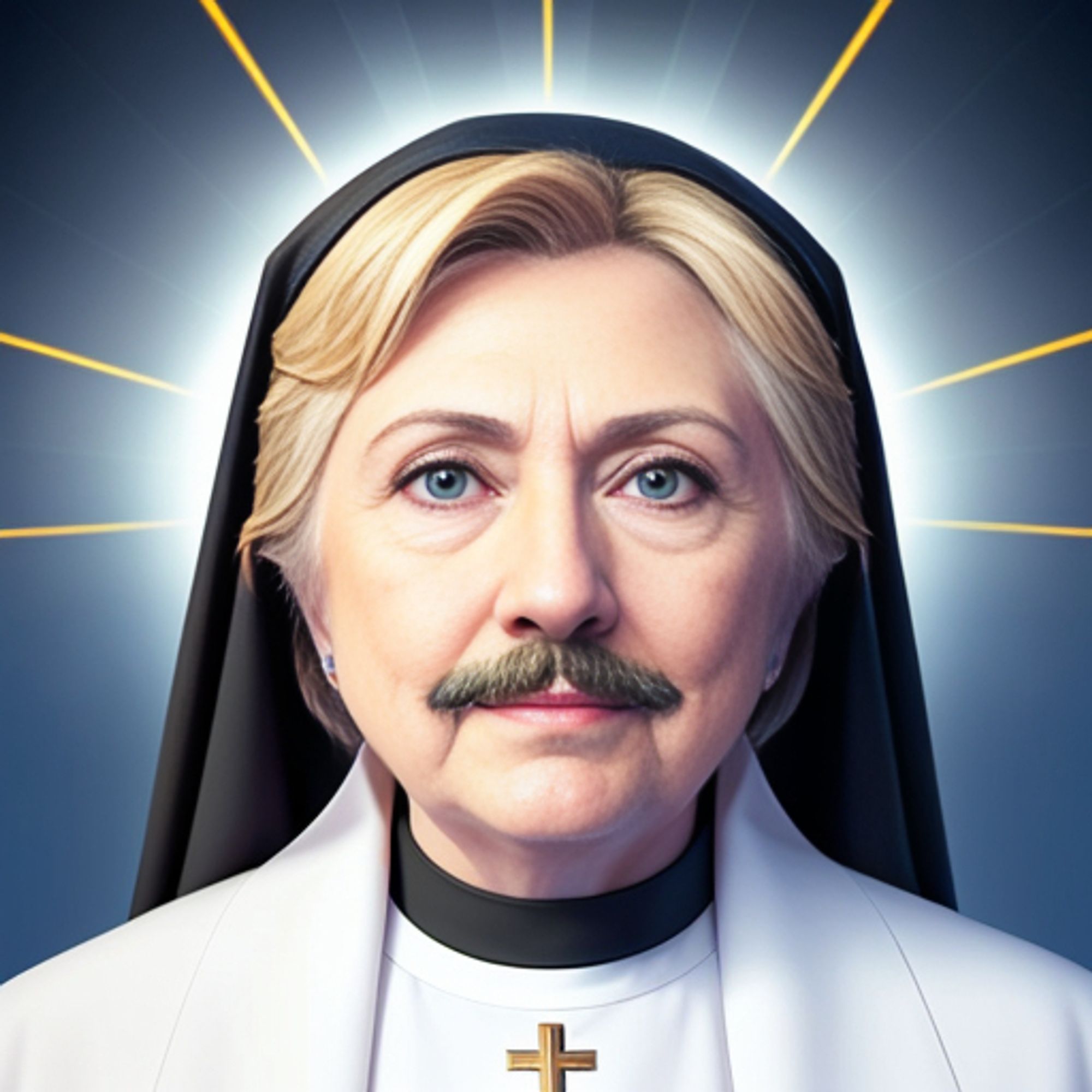 hillary clinton in a nun habit with a thick mustache