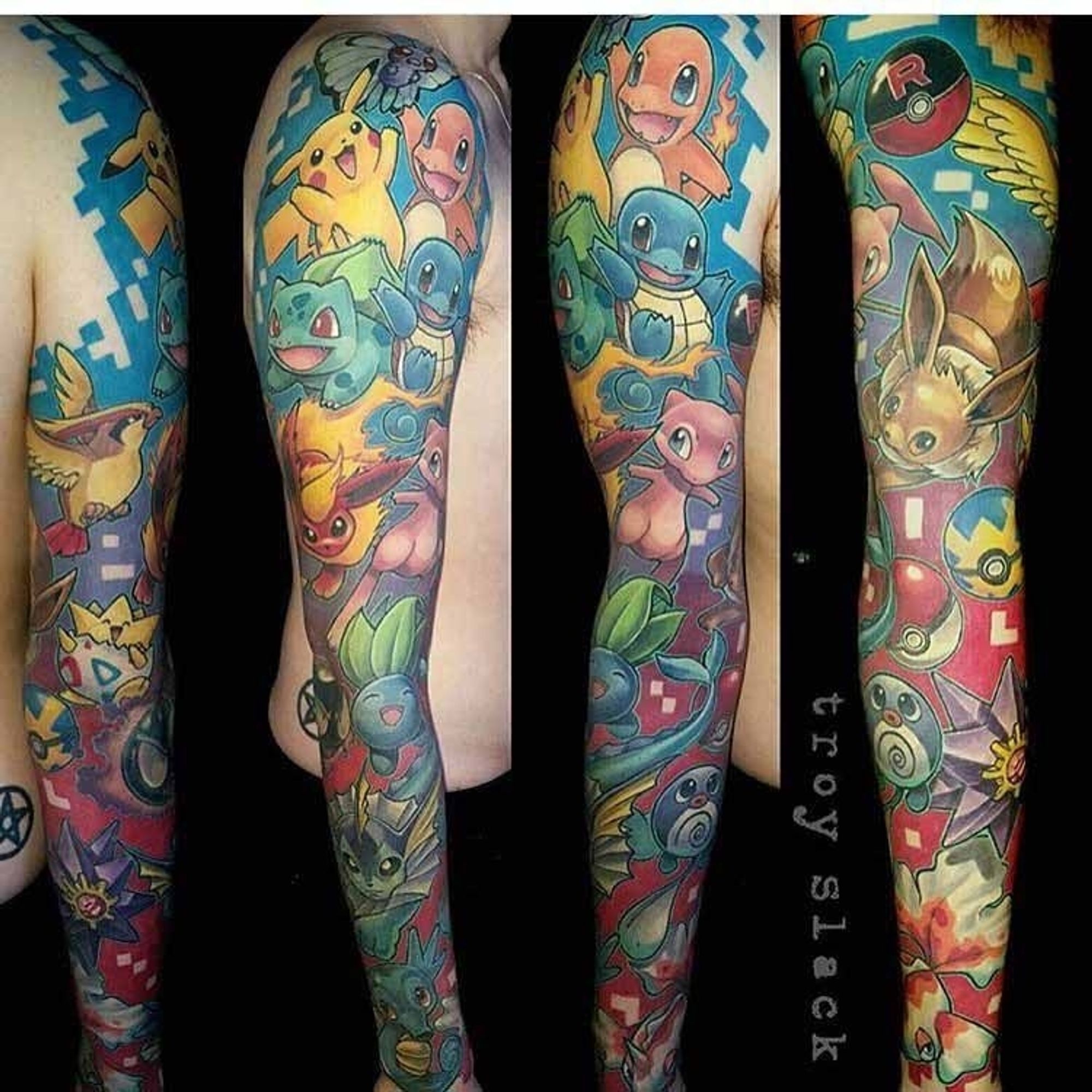 a tattoo sleeve considering entirely of pokemon