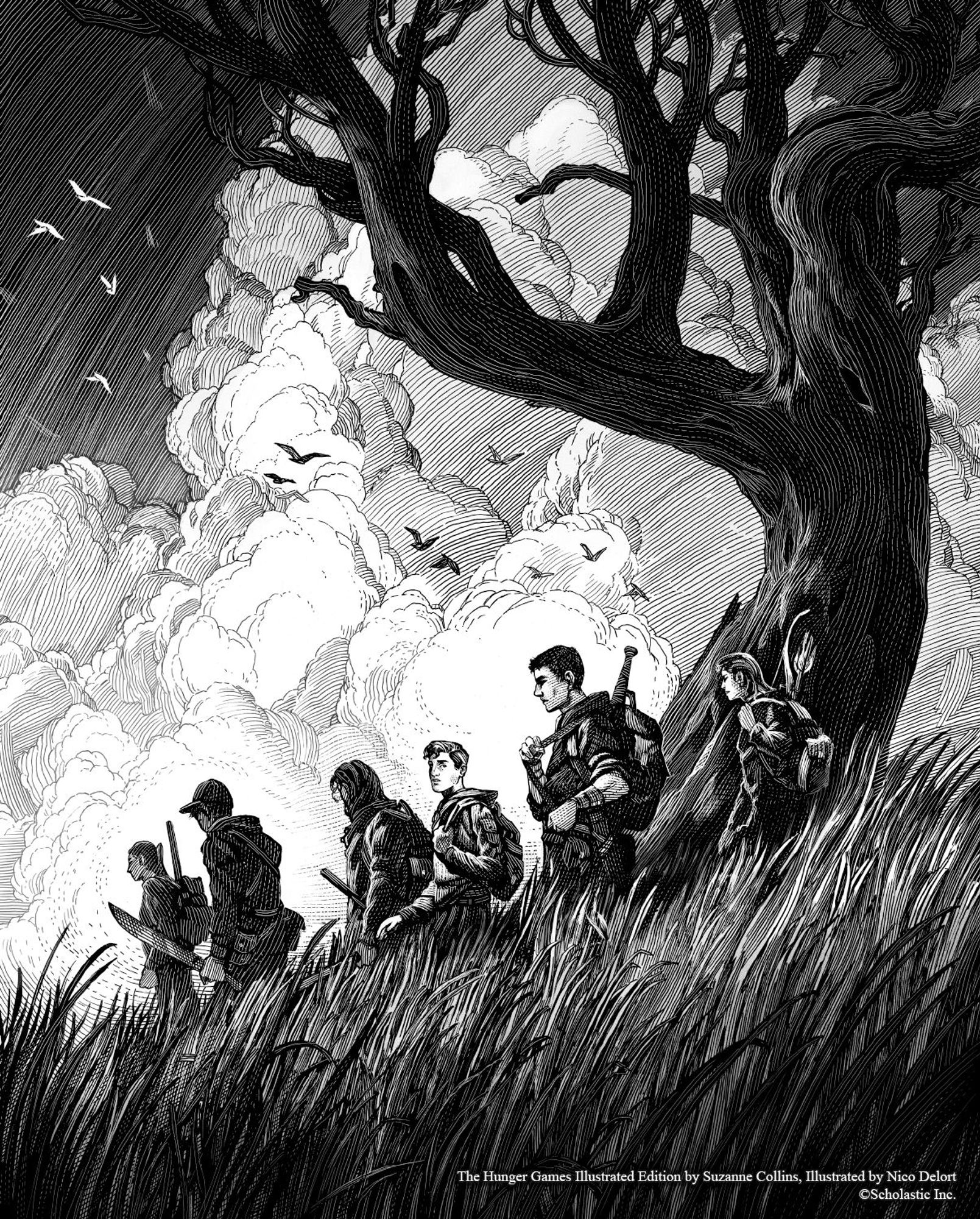 a black and white scratchboard illustration from The Hunger Games Illustrated edition. It depicts Peeta and the careers in the arena. They are walking through tall grass and Peeta is looking towards the viewer while Cato walks behind him, hulking over him. Behind Cato another Career can be seen the bow Katniss will later get. A tall spindly tree looms over the scene and in the background clouds billow in the sky.