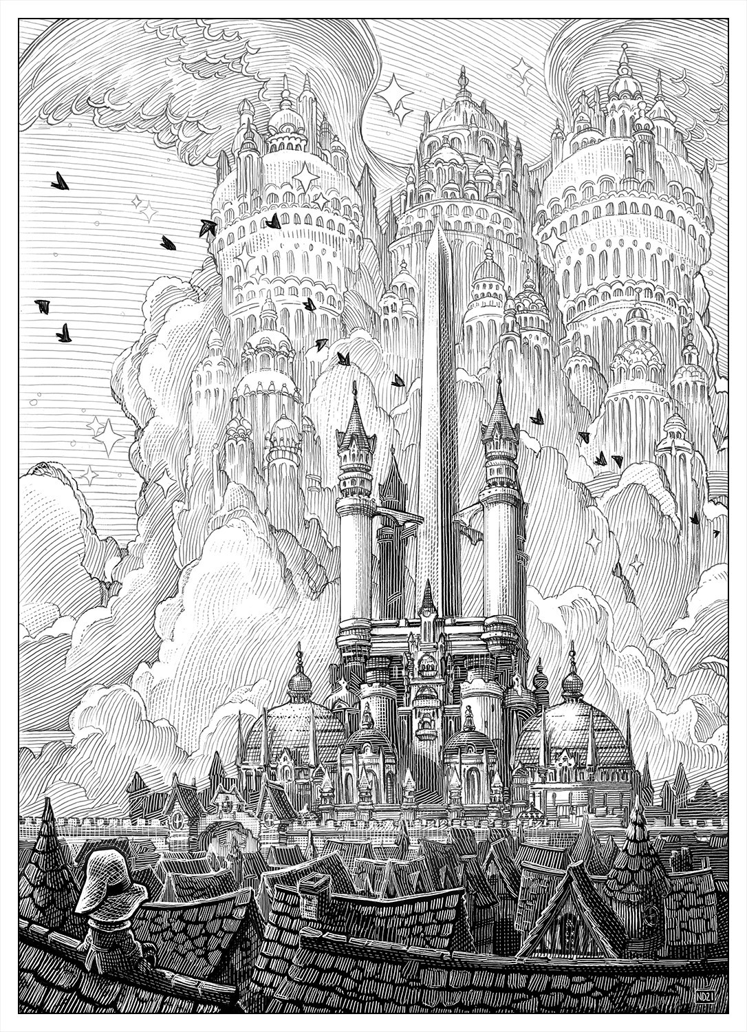 a black and white scratchboard drawing of Alexandria castle from Final Fantasy IX, in the foreground we can see Vivi sitting on a roof, and far in the distance, Alexandria castle and in the clouds, Alexander the eidolon watching over the city