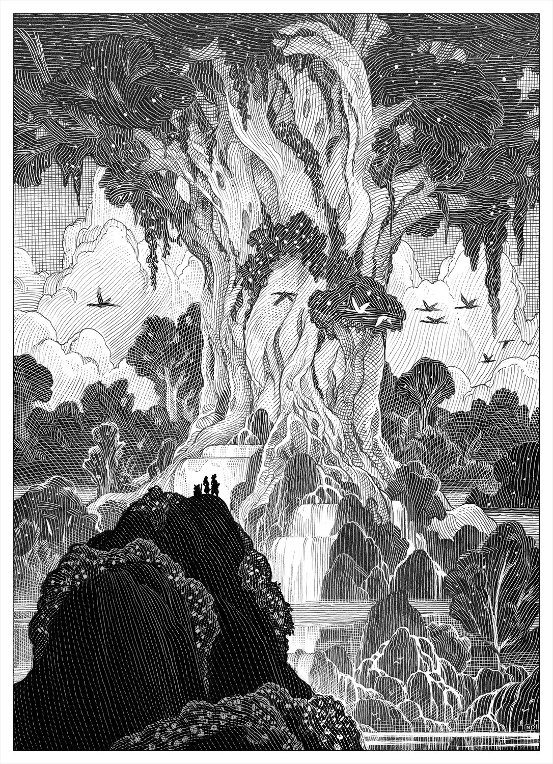 a black and white scratchboard artwork of the Tree of Mana from 'Secret of Mana', in the foreground, three tiny characters stand on top of a large, dark rock, and far in the distance, the great mana tree takes up almost the entire frame, a flock of flamingos passes in front of it 