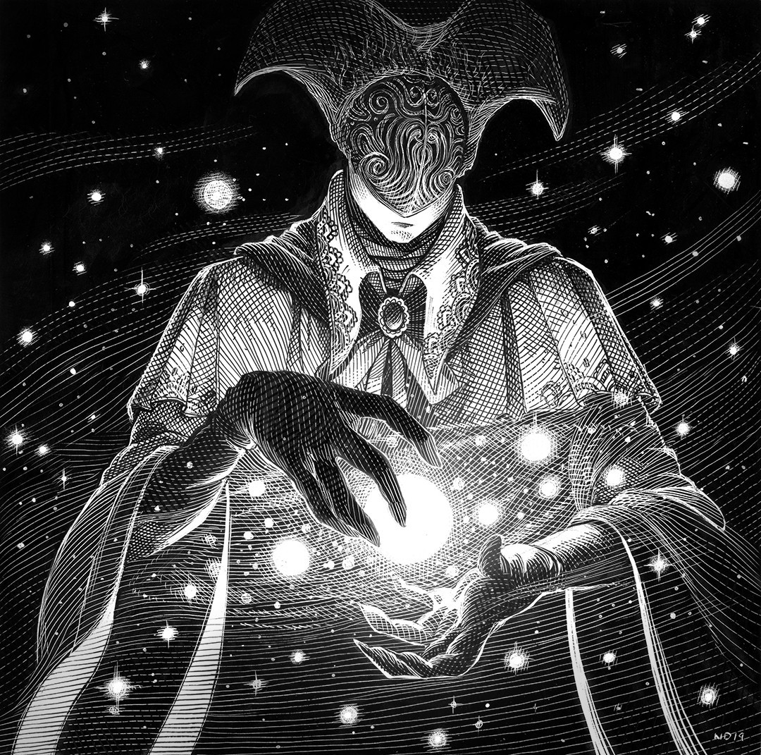 Bloodborne fanart - scratchboard art of a Choir member 