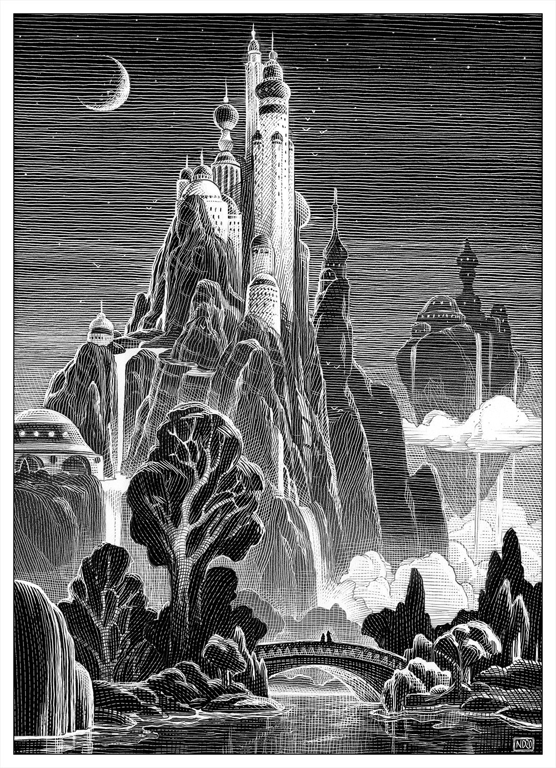 a black and white scratchboard artwork of the Kingdom of Zeal from Chrono Trigger - in the foreground we can see a river with a bridge, on the bridge, very small characters, Magus and Schala, look up a the great city. a waxing moon can be seen in the sky 