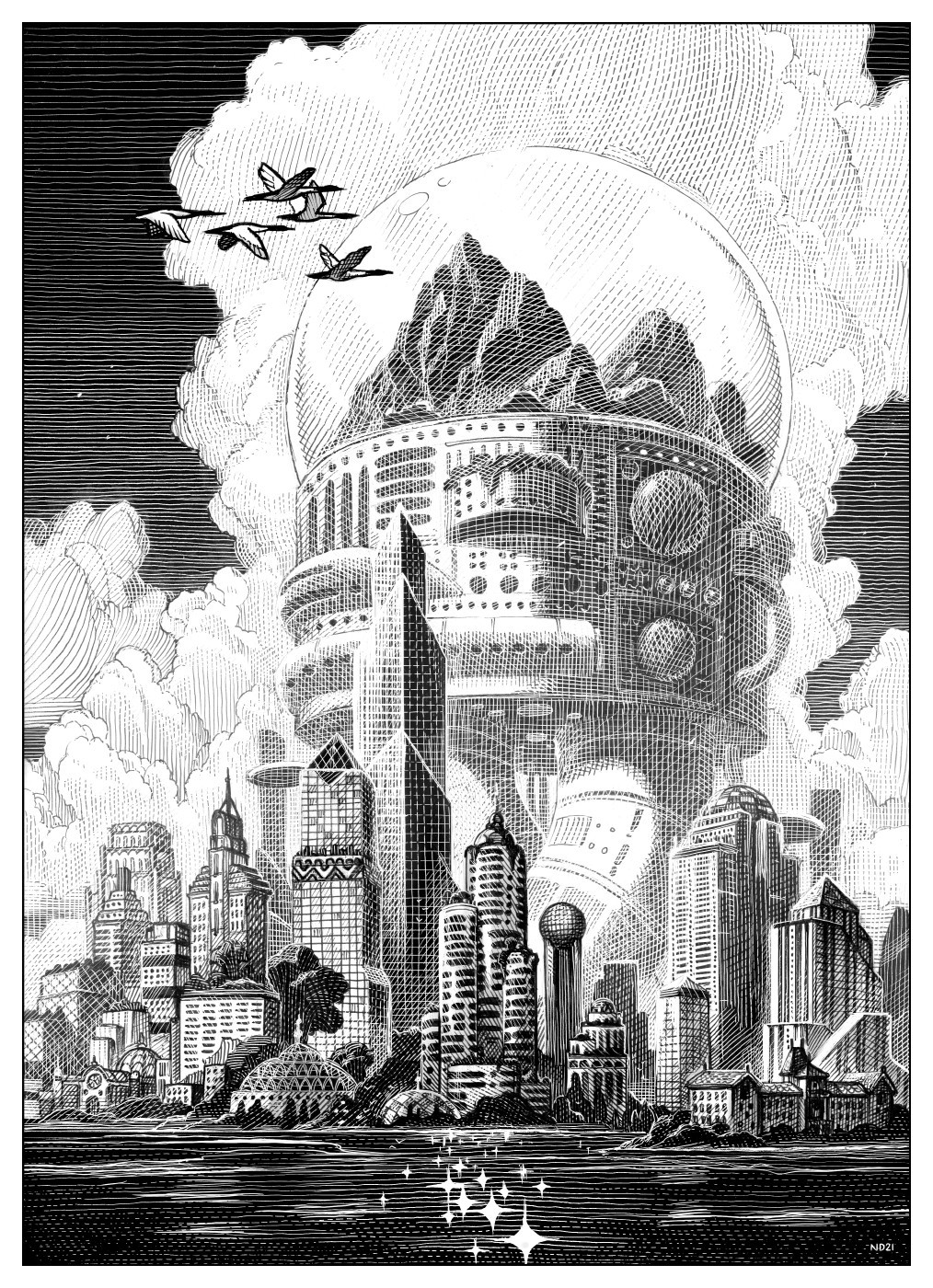 a black and white scratchboard artwork of a metropolis inspired by Sim city 2000 architecture. In the foreground, sunlight sparkles on water, leading up to tall skyscrapers, in the distance, looming over the whole scene is the "Launch" archology, a giant futuristic building with a biodome on top. 