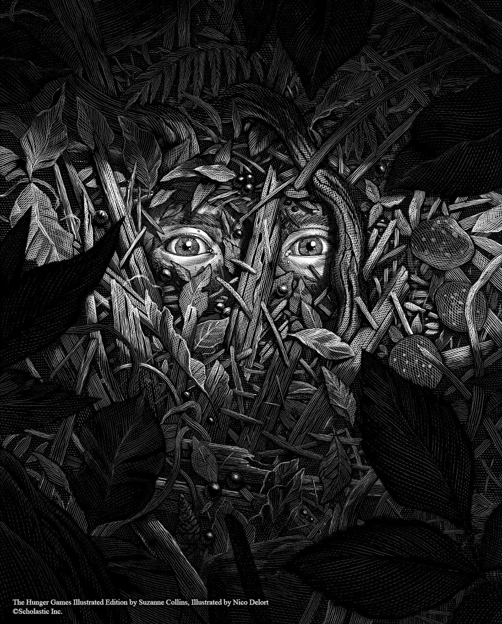 a black and white scratchboard illustration depicting two eyes covered in branches and leaves, they are looking directly at the viewer. A ray of light illuminates the eyes