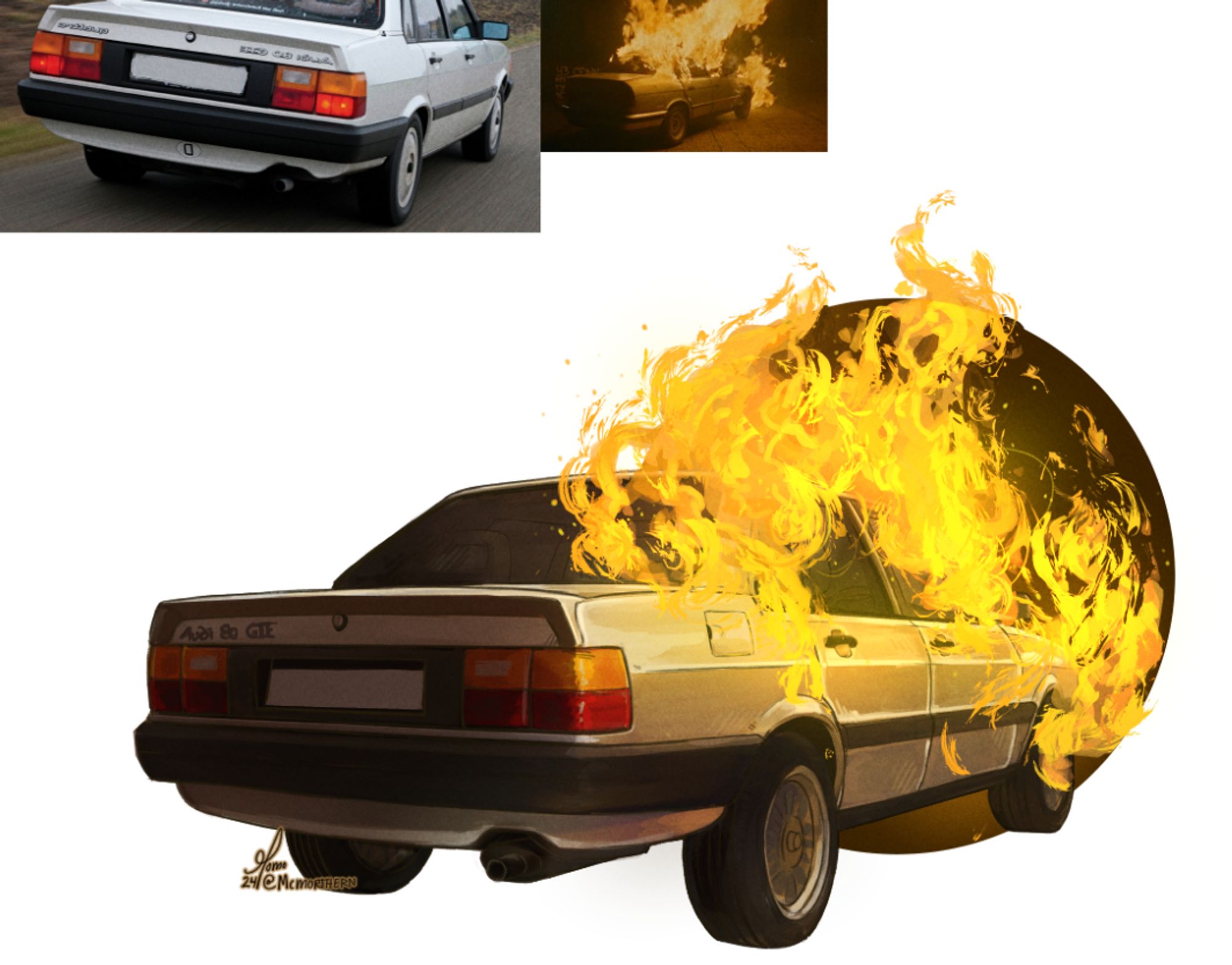 its a silver Audi 80 GTE quattro on fire!!!