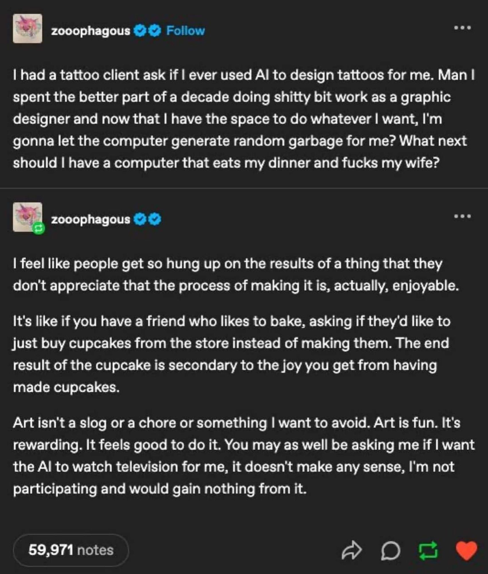 I have no idea what platform this is from. But it's from a tattoo artist saying AI art sucks. I'm not typing all this out, someone else can alt4me or whatever.