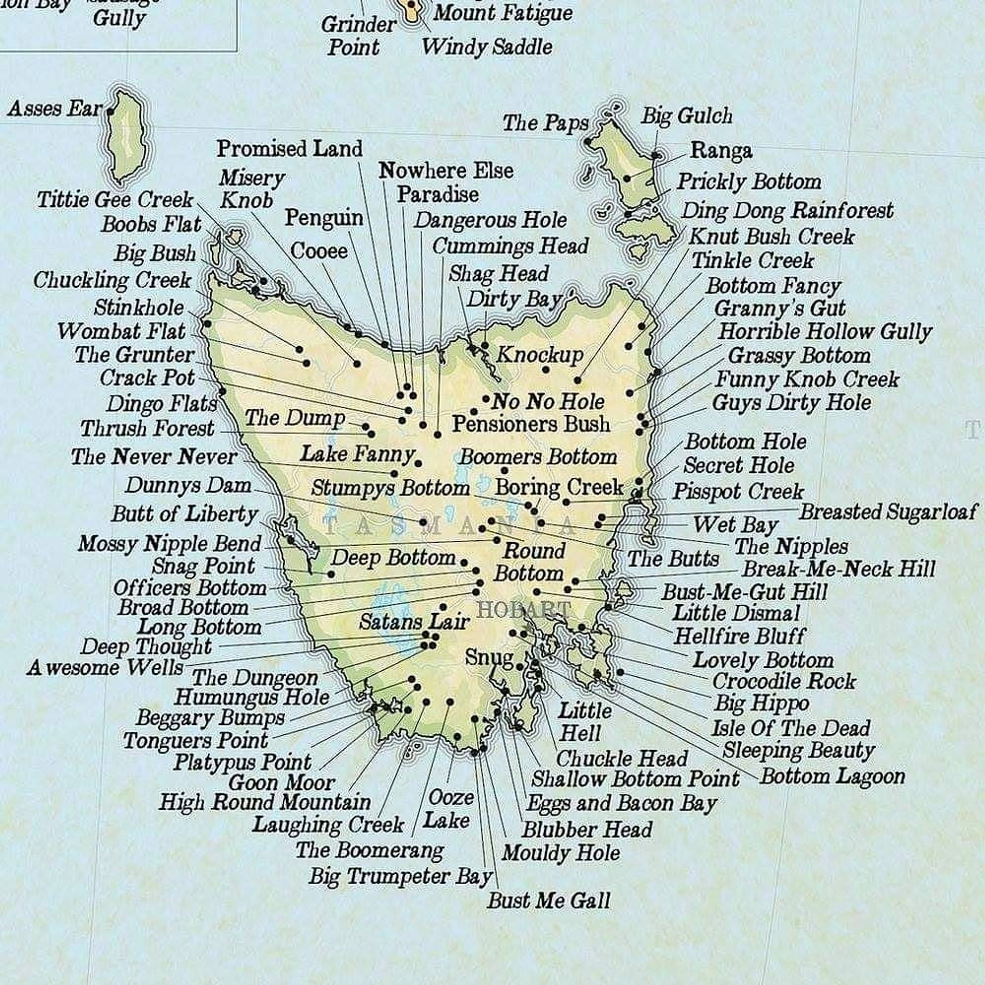 A map of Tasmania with place named helpfully illustrated. Some of the names are funny.