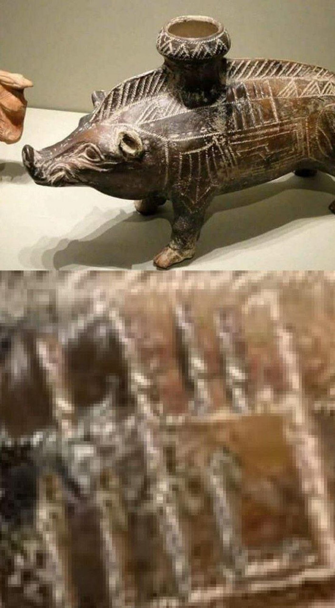 An ancient pig/boar statue. 

The side is zoomed in to reveal loss

This is photoshopped. The ancients didn't know about loss. They lived like elves.