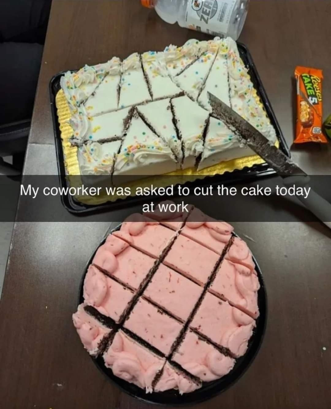 My coworker was asked to cut the cake at work.

Two cakes are pictured cut in a non traditional way