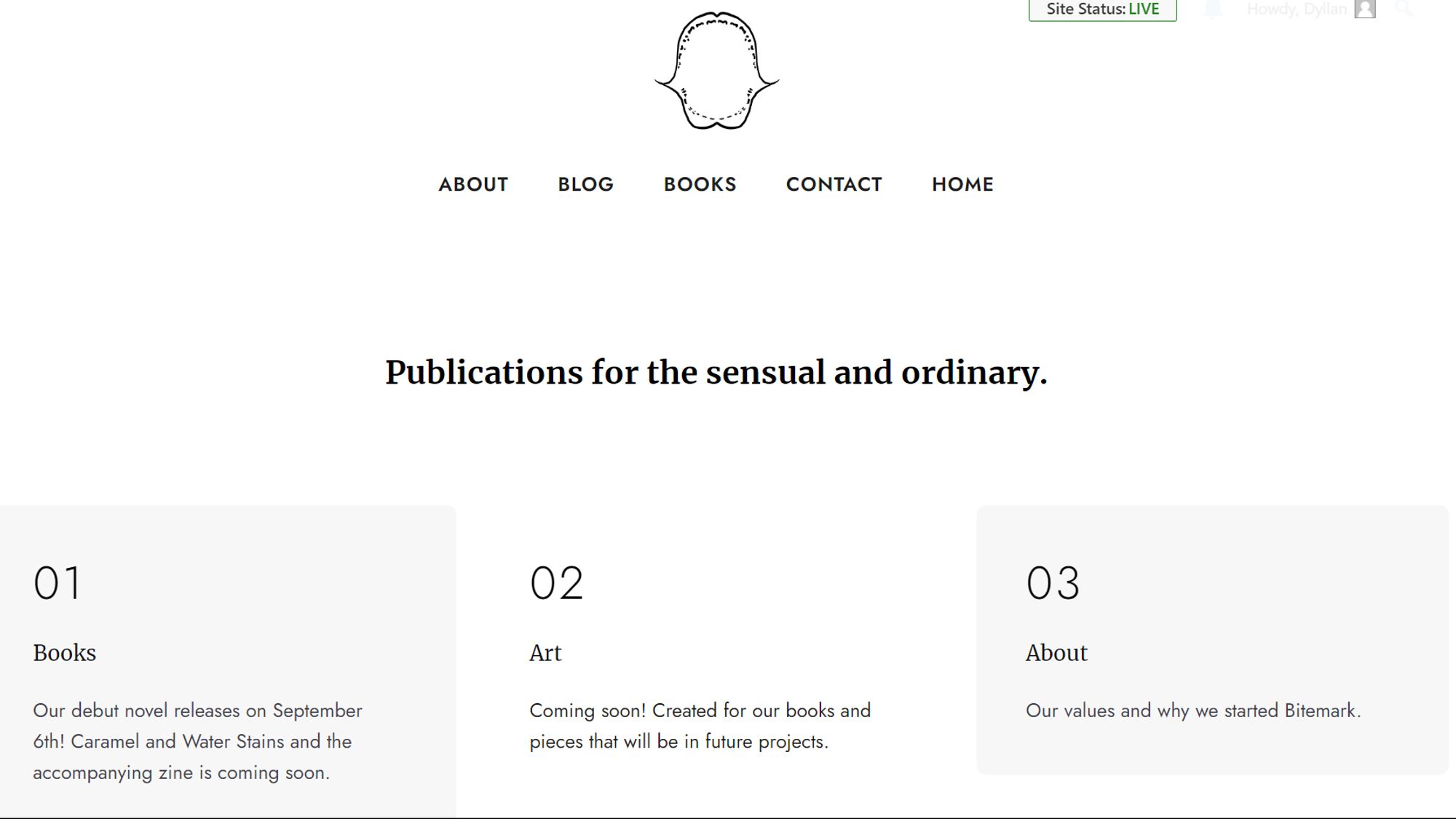 Home page of Bitemark website. Tagline reads "Publications for the sensual and ordinary" and the logo is a simply drawn fish mouth on a white background