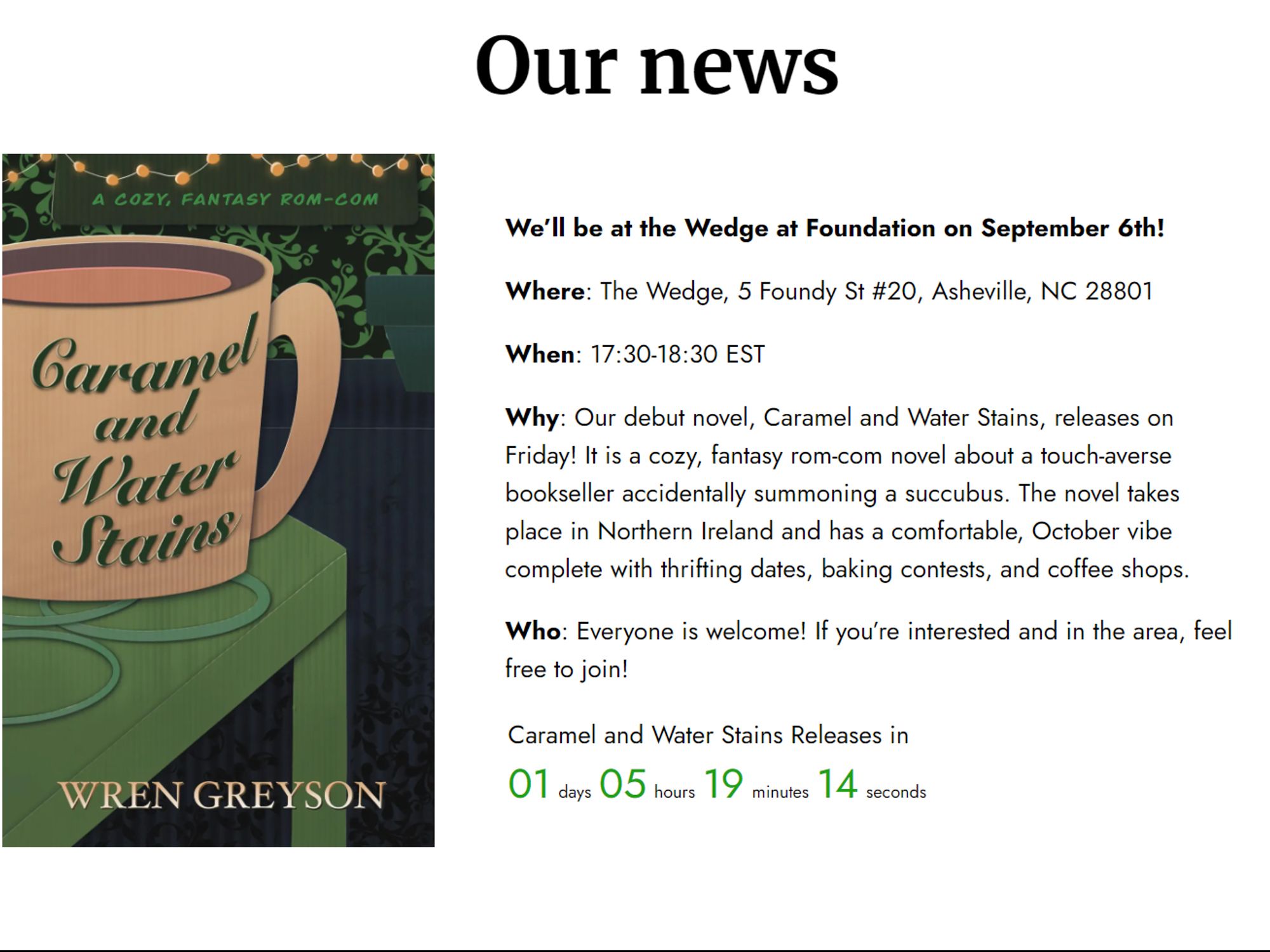 Blog page reads "Our news" and the novel's release event is in Asheville, North Carolina on September 6th next to an image of the book cover