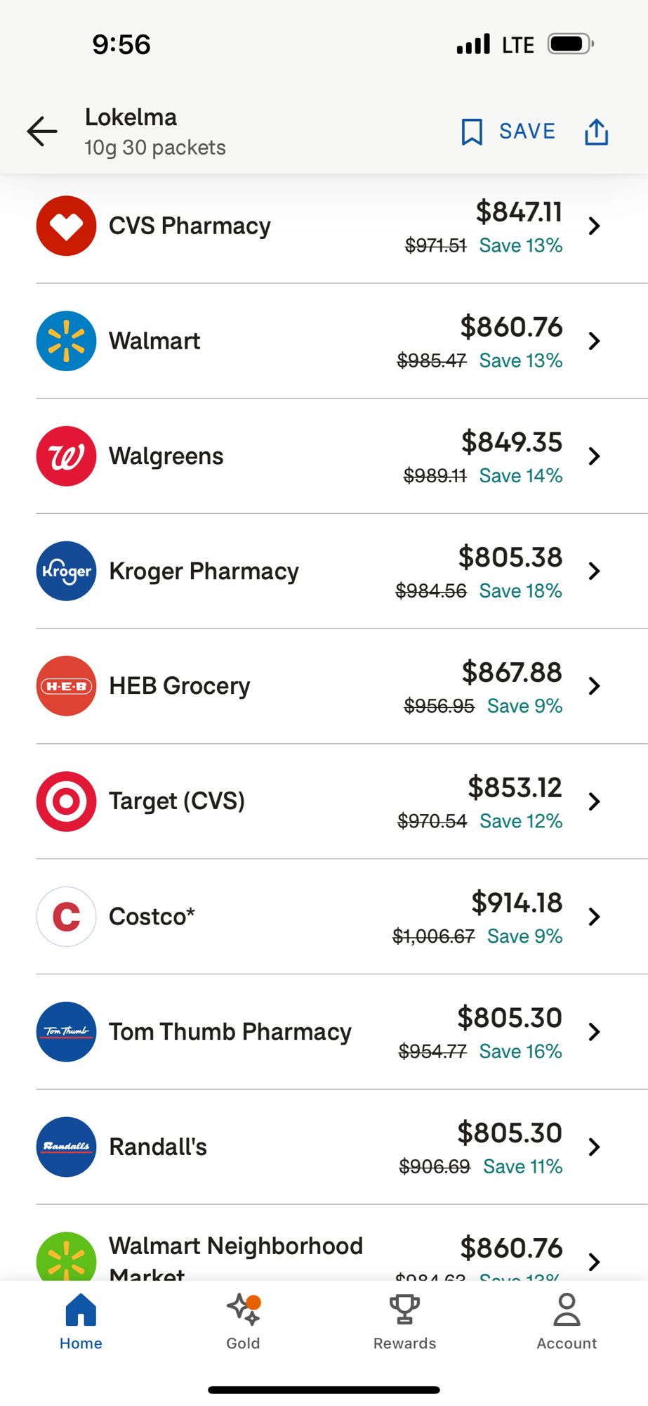 GoodRx app for lokelma month supply with most prices around $900 to $1000 and 9% rebate bringing price to around $850