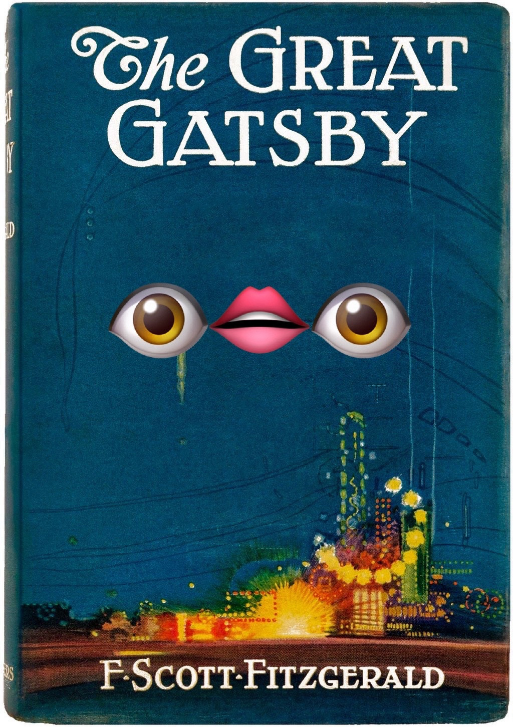 The Great Gatsby book cover but instead of the classic eyes and mouth they’re replaced with the emoji eyes and mouth.