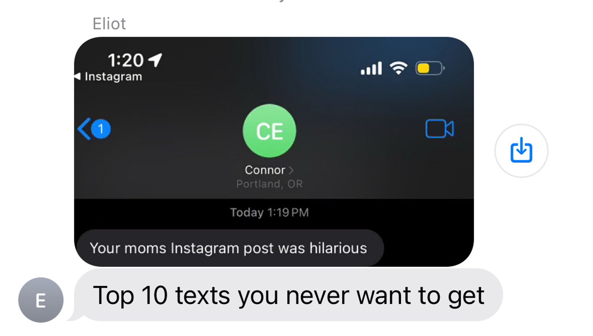 Screenshot of a txt from the 21yo where he’s typed “Top 10 texts you never want to get.” The rest of the text is a screenshot from a former teammate, who says “your mom’s instagram post was hilarious”