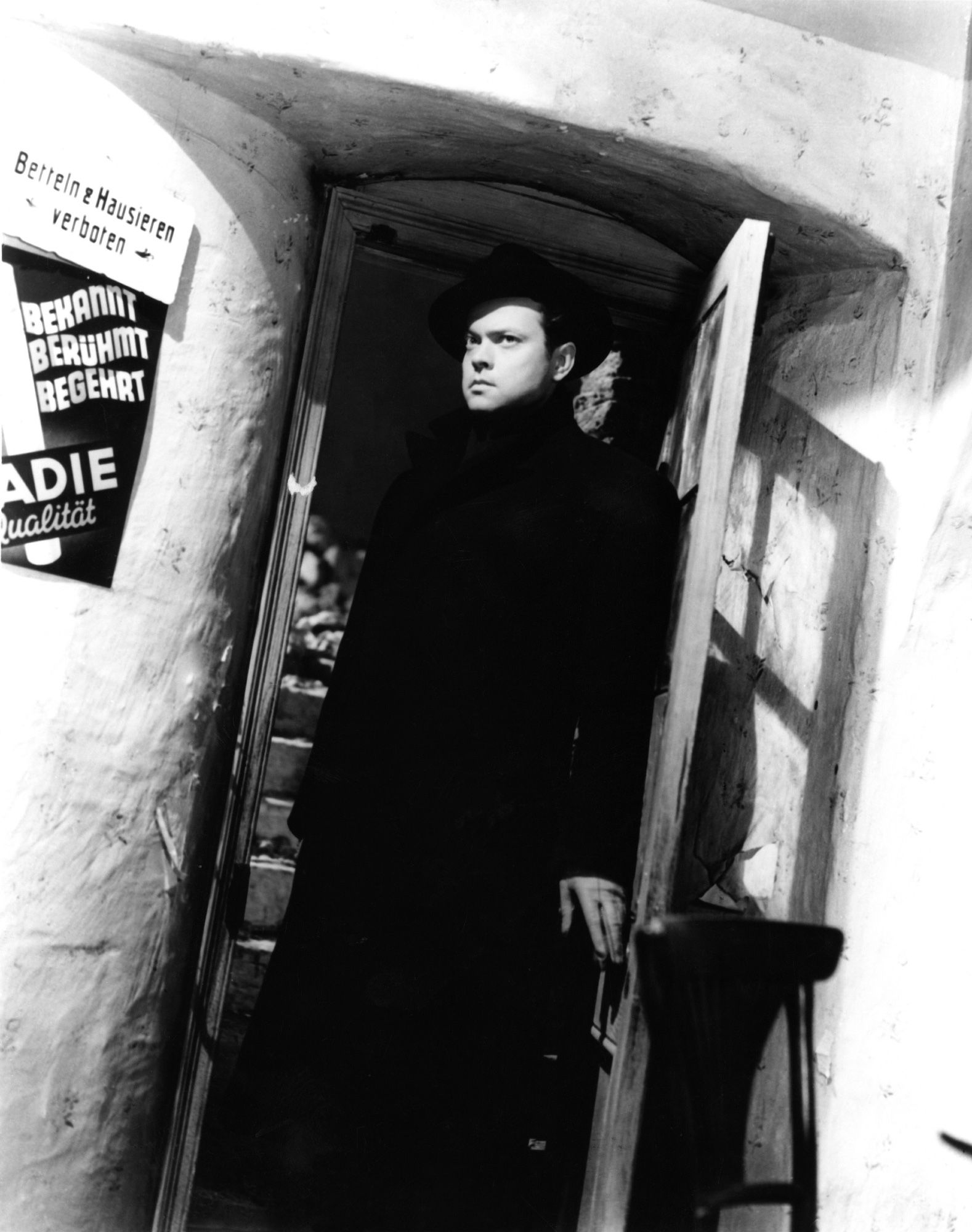 Orson Welles lurks in a doorway in a scene from The Third Man