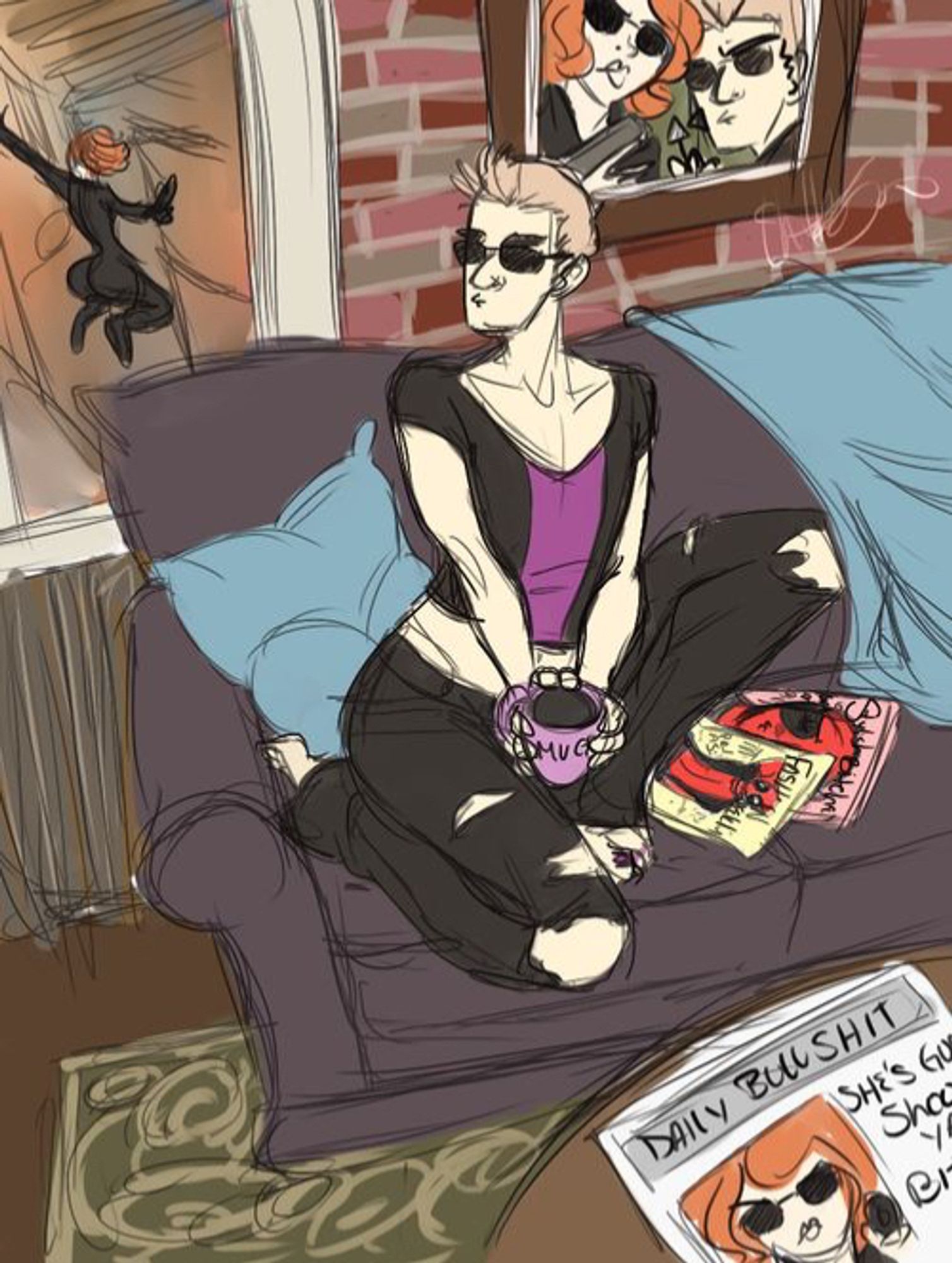 *That* Mary Jane pose but with Clint Barton wistfully pressing his boobs together using his hyper flexed elbows while awkwardly perched with his feet on the sofa waiting for his Spidery love to return home