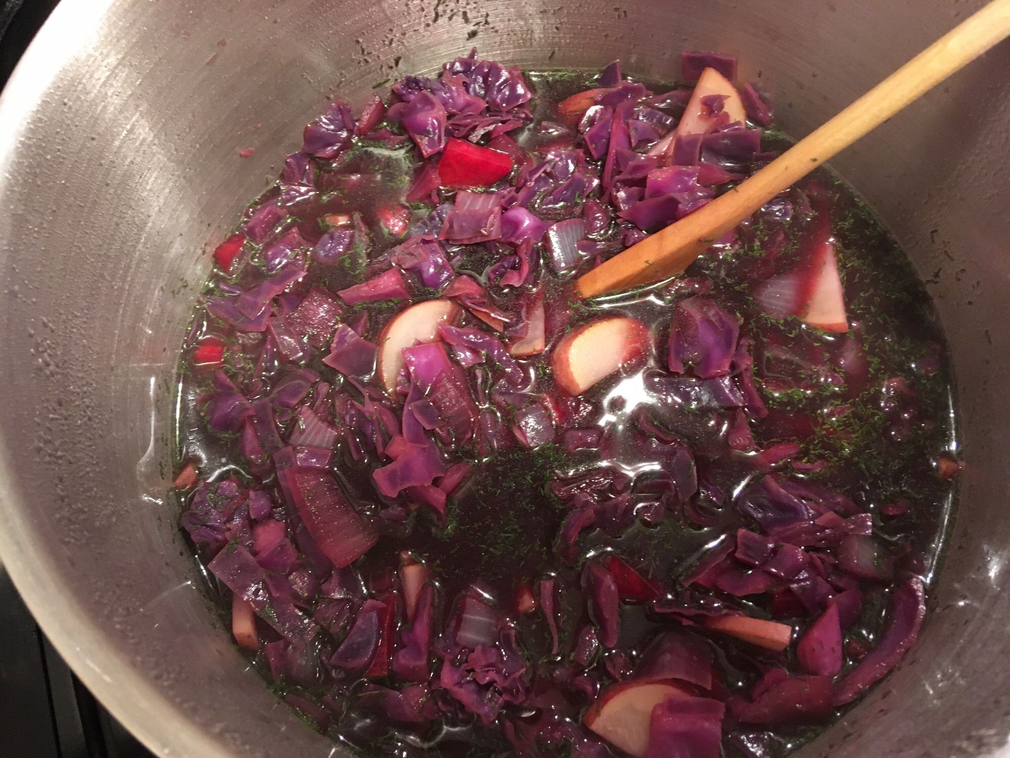 Proto-Borscht, which is a pot of hot water with purple cabbage, beets, potatoes, beef broth, onions, dill, salt, and pepper.